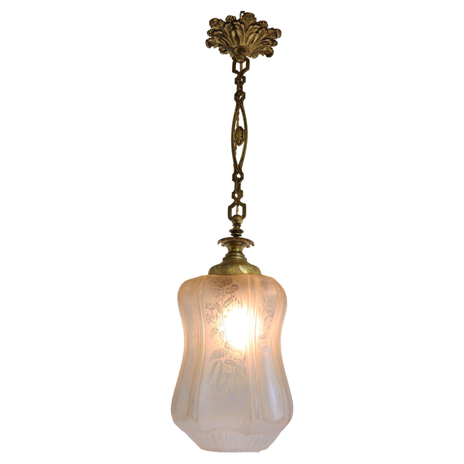 Large Antique French Art Nouveau Pedant Light 1910 Floral Glass Light Chandelier