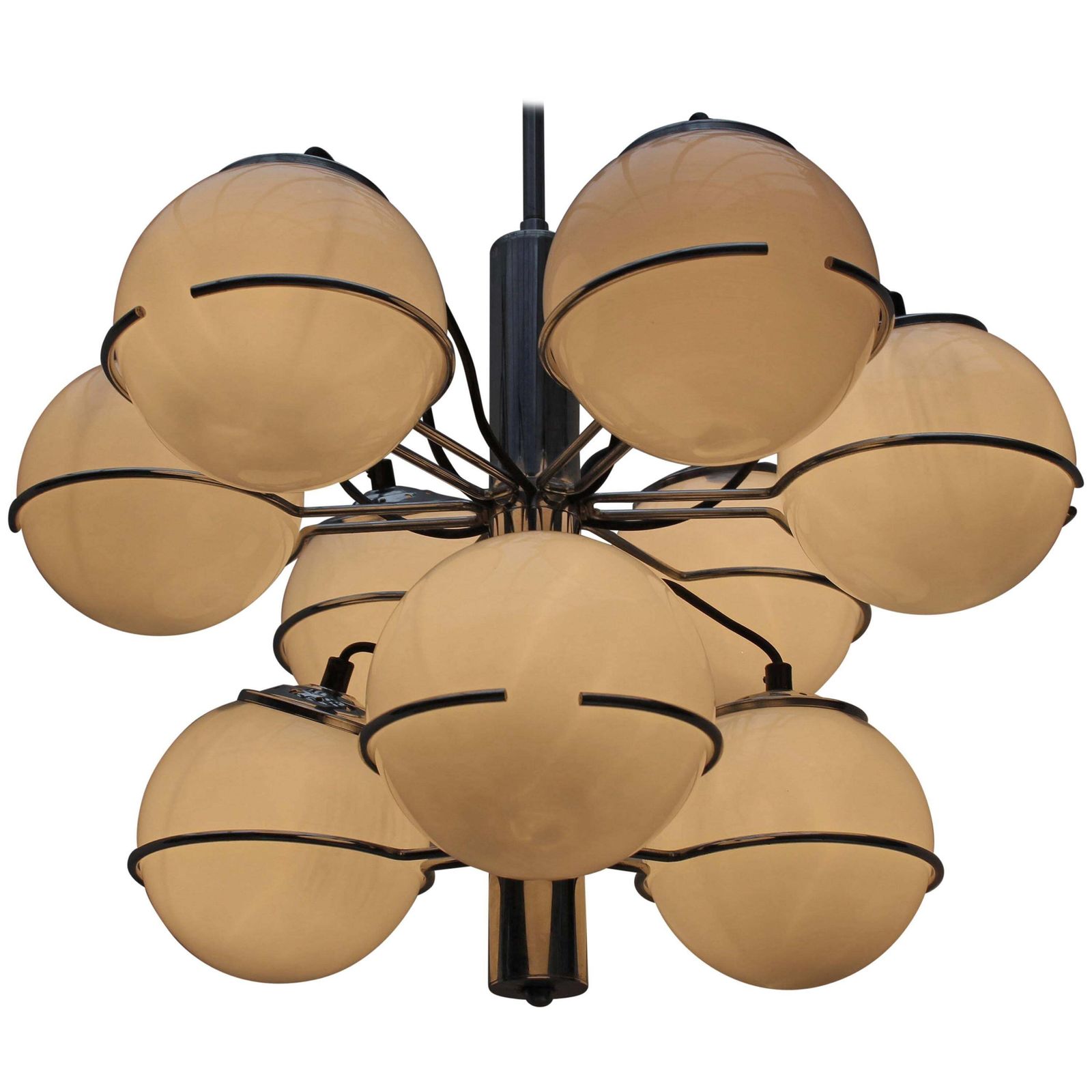 Midcentury Italian Chrome And Opaline Glass Chandelier By Targetti Sankey, 1970