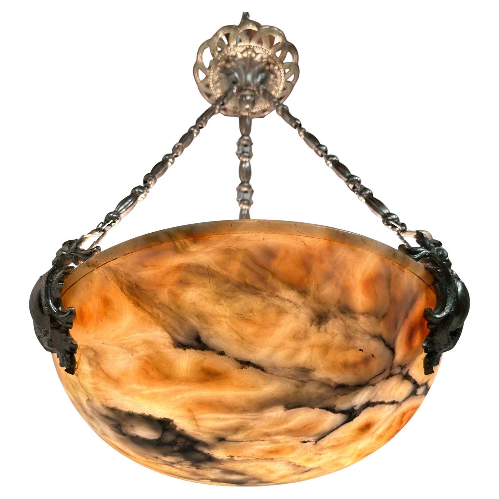 Neoklassieke Alabasten Hanglamp / Kroonluchter Zilver Brons Renaissance Revival