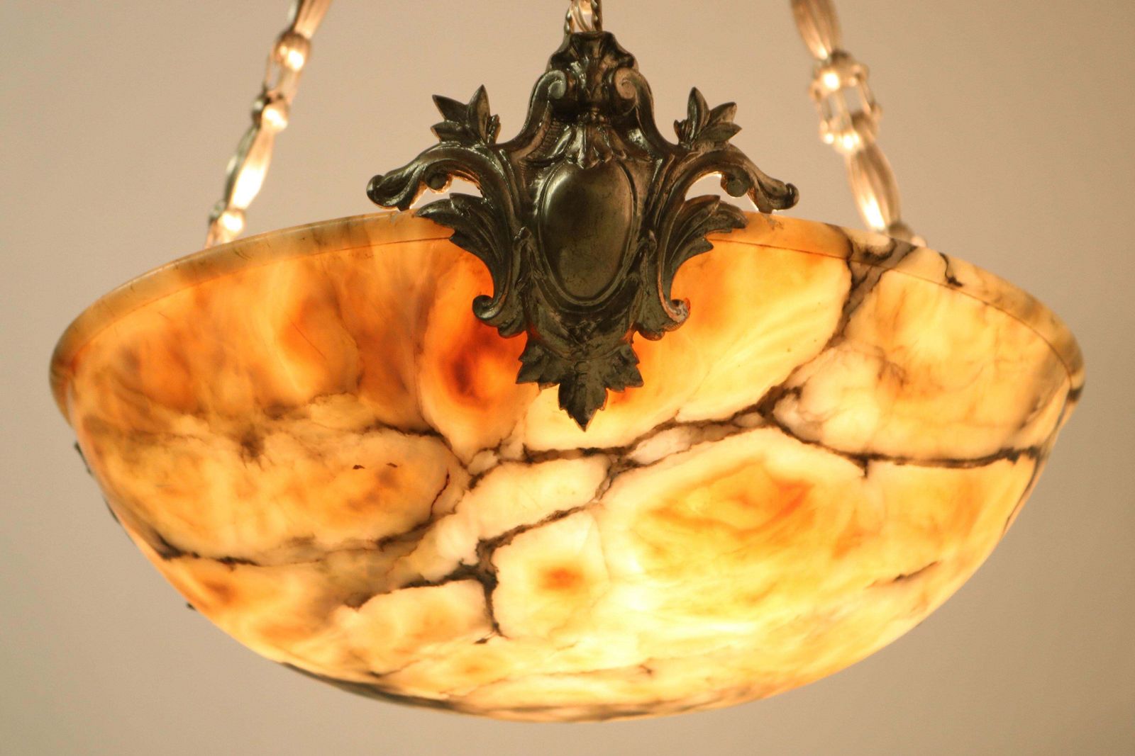 Neoklassieke Alabasten Hanglamp / Kroonluchter Zilver Brons Renaissance Revival photo vinterior