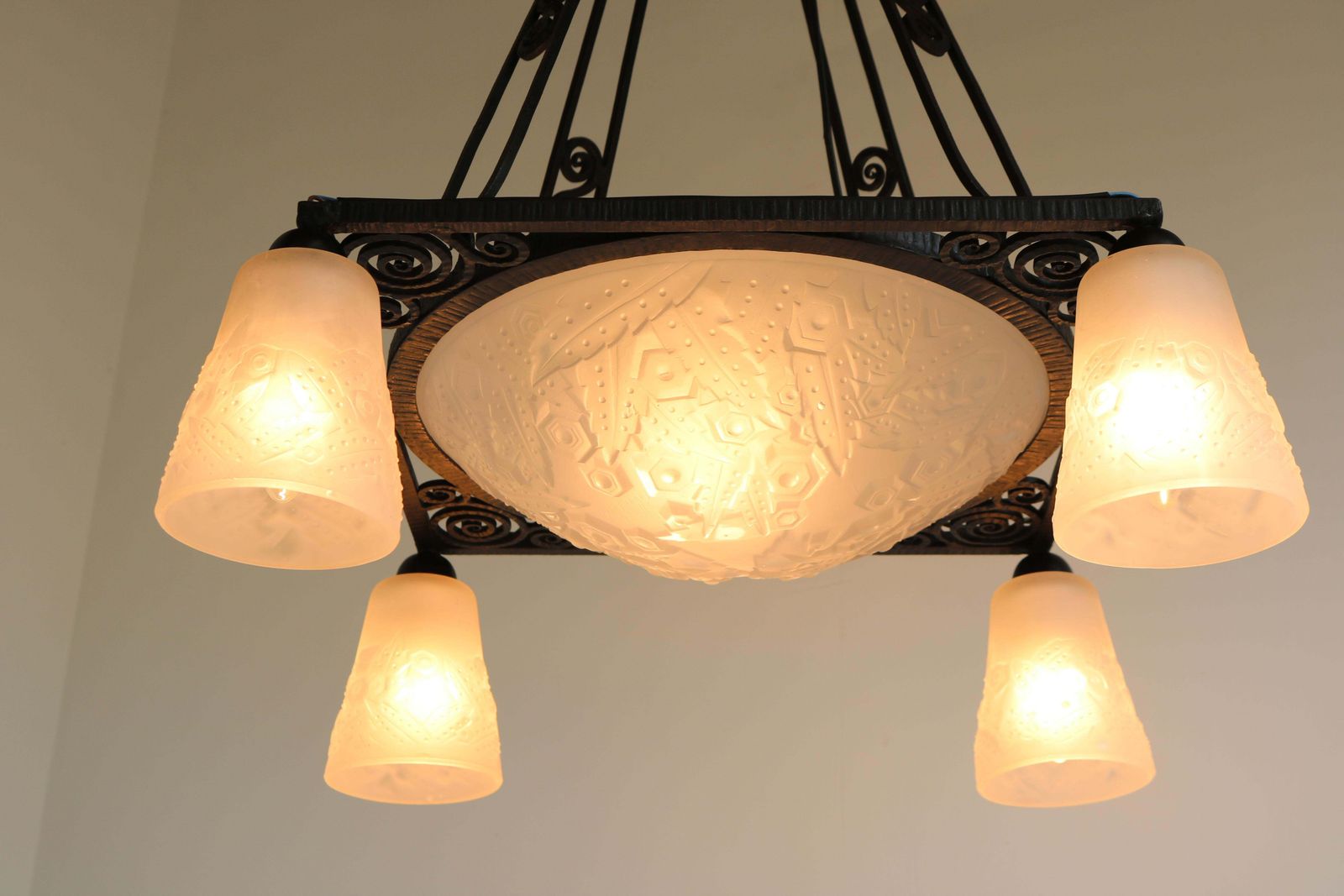 Antique French Art Deco Chandelier By Muller Frères Wrought Iron Geometric 1930 photo furniture