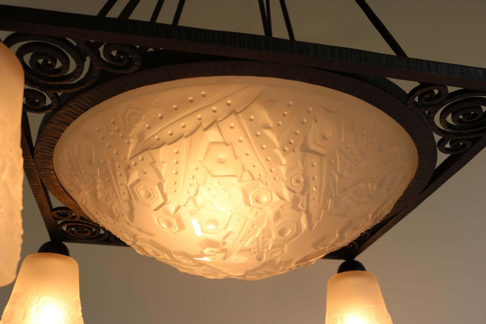 Antique French Art Deco Chandelier By Muller Frères Wrought Iron Geometric 1930 photo Lighting