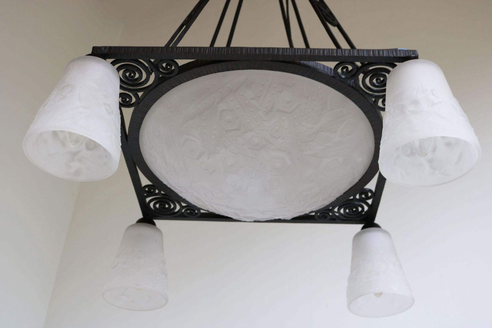 Antique French Art Deco Chandelier By Muller Frères Wrought Iron Geometric 1930 photo buy