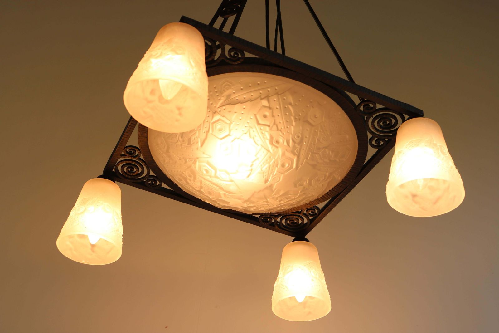 photo buy Antique French Art Deco Chandelier By Muller Frères Wrought Iron Geometric 1930
