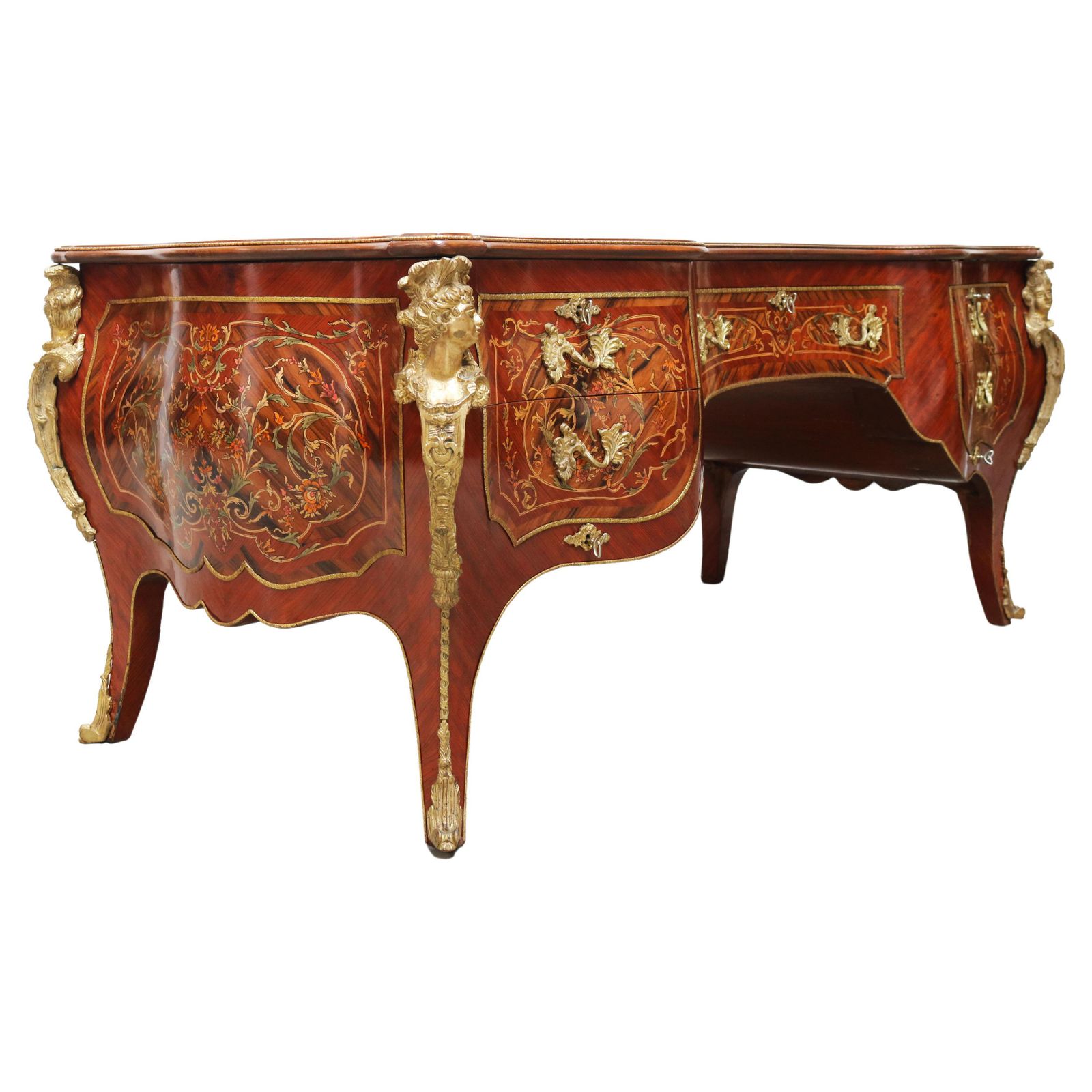 Rounded Italian Executive Desk In Louis XV Style Marquetry Bronze 1950 Inlaid