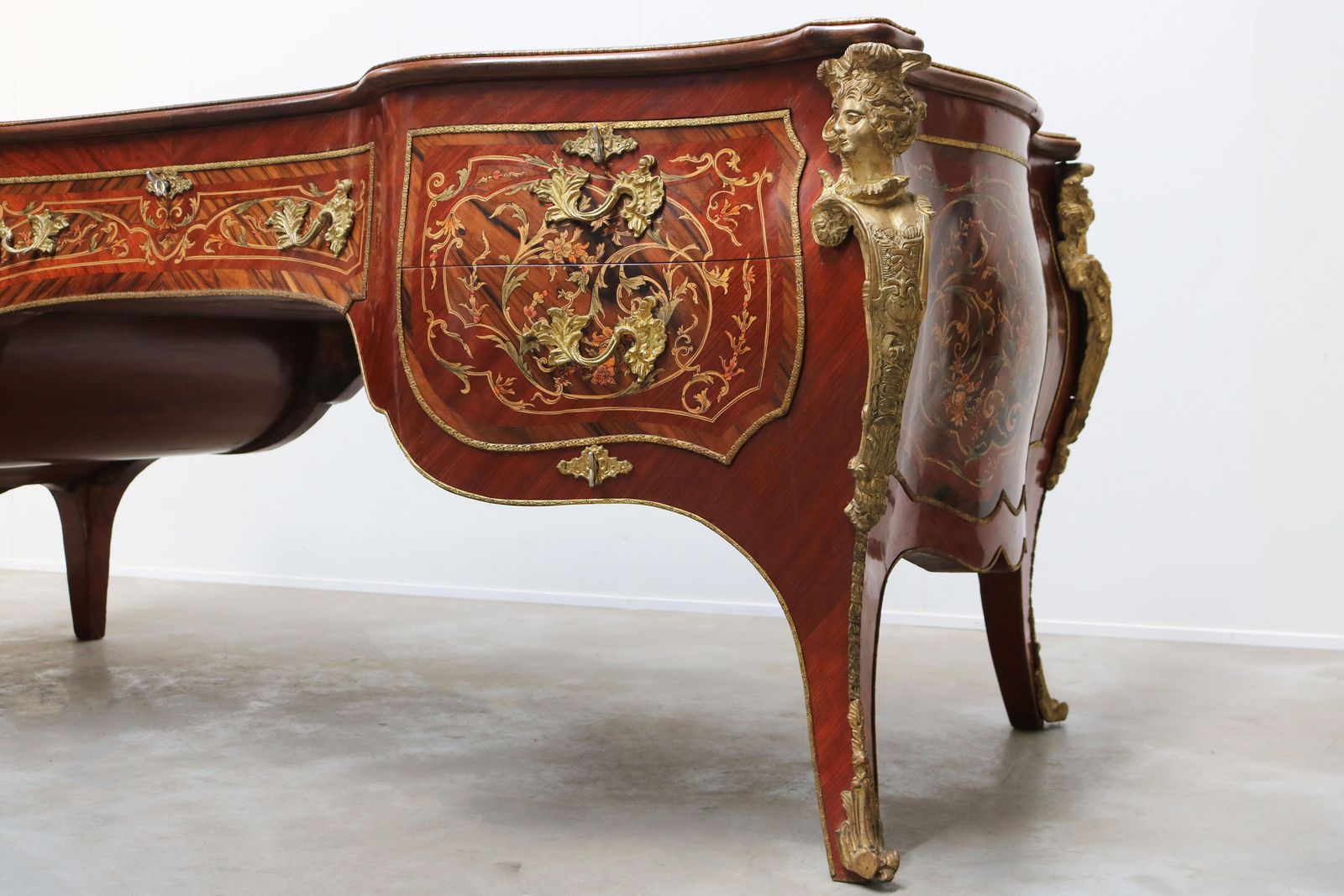photo buy Rounded Italian Executive Desk In Louis XV Style Marquetry Bronze 1950 Inlaid