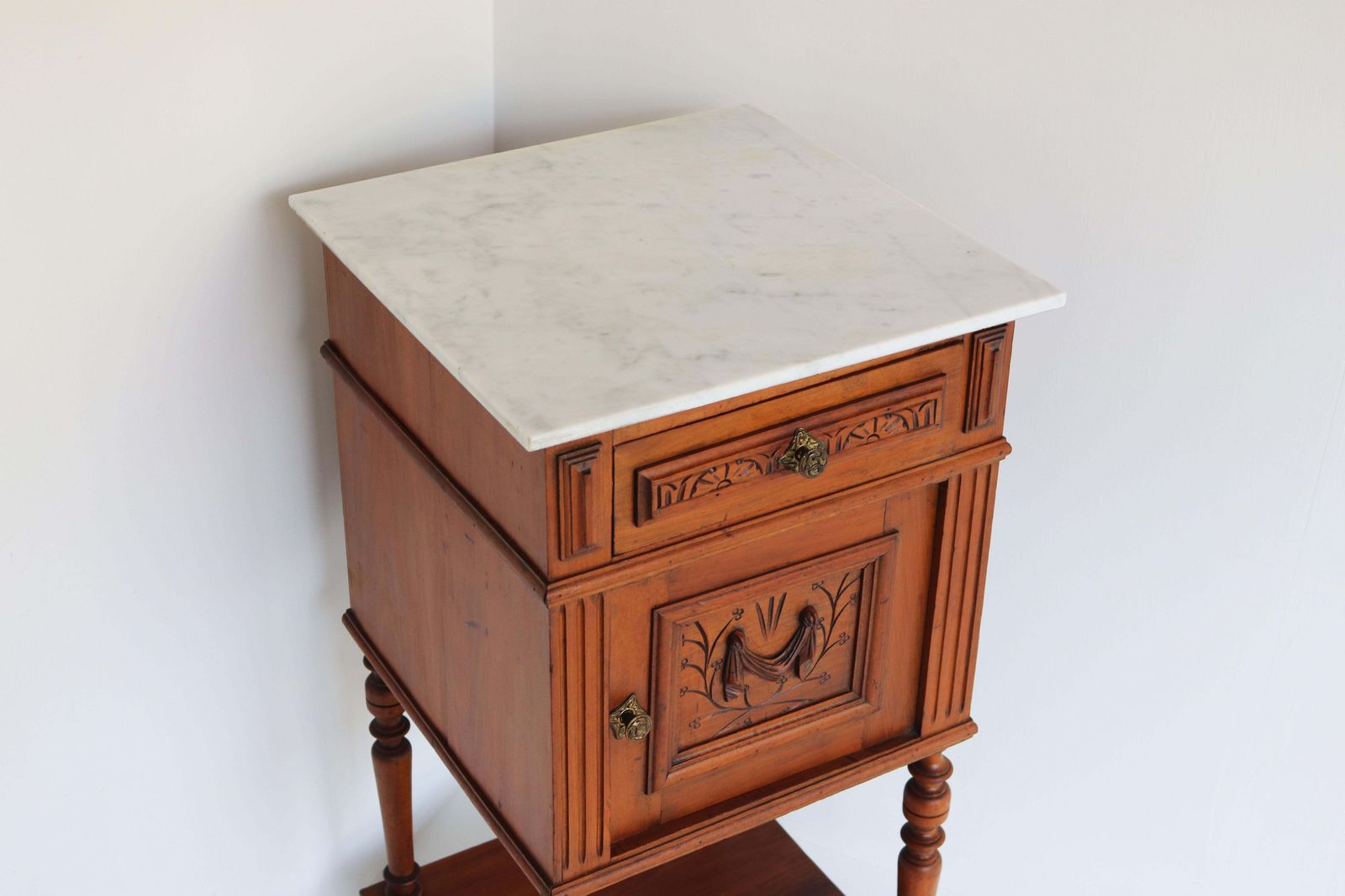Antique Night Stand / Bedside Table 19th Century Fruitwood & Carrara Marble Top photo furniture