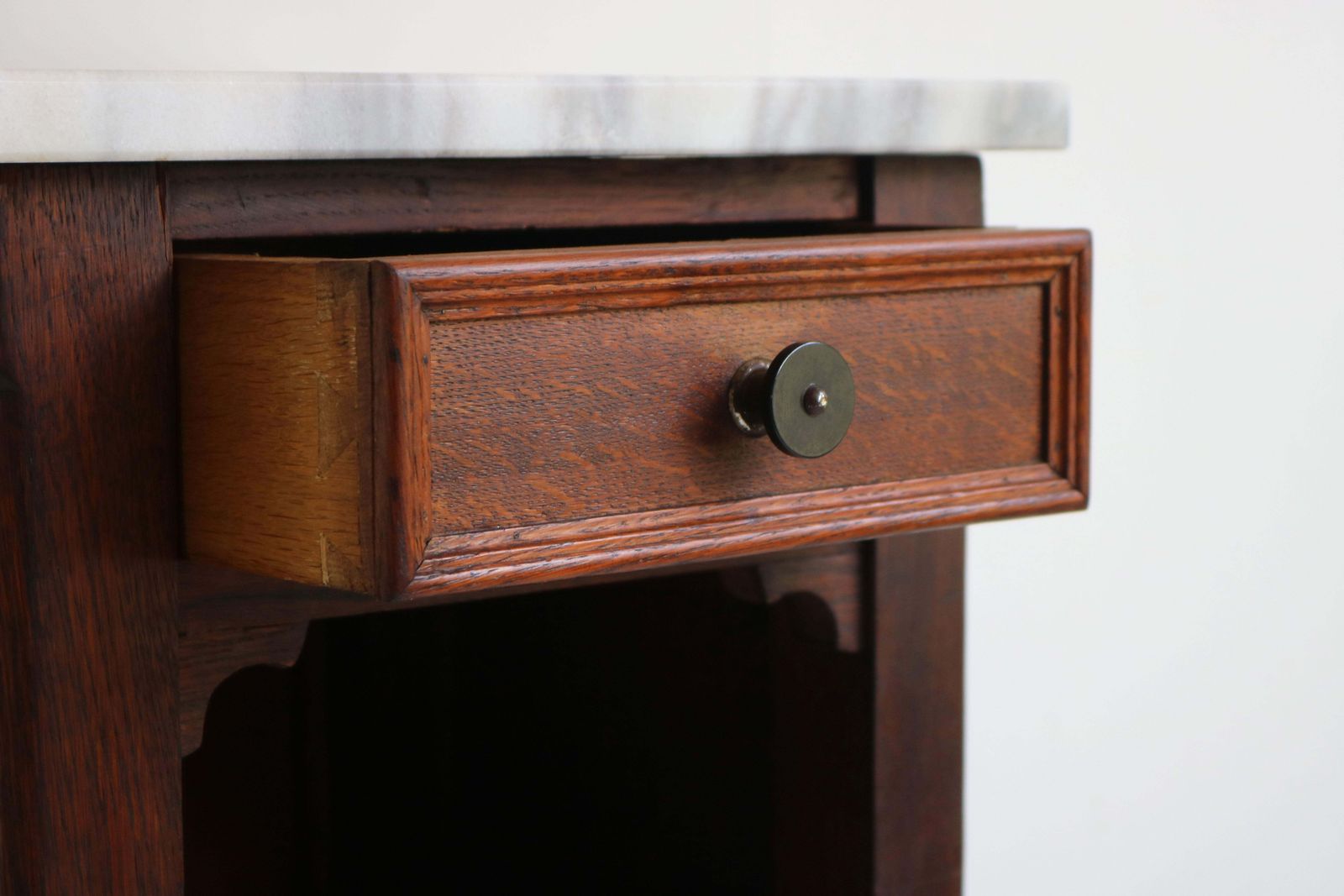photo for sale Antique French Art Deco Nightstand / Record Cabinet 1920 Solid Oak Marble Top