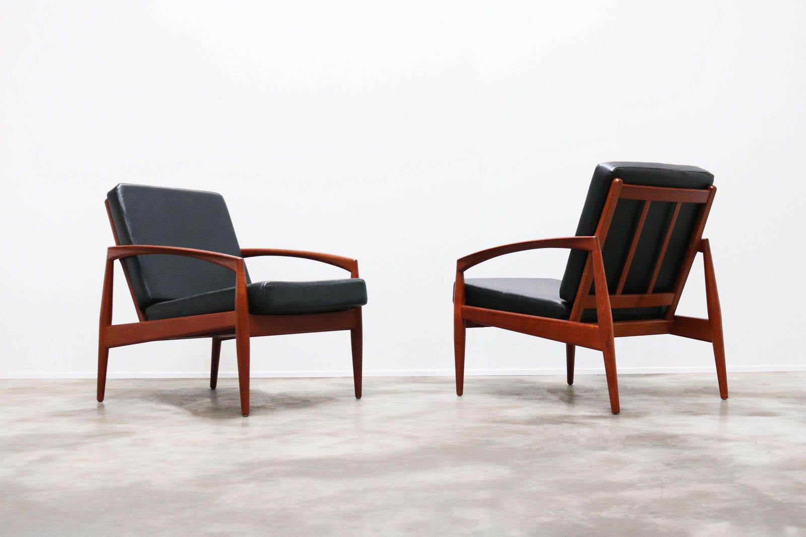 Pair Of Danish Design Paper Knife Lounge Chairs By Kai Kristiansen In Teak Black photo furniture