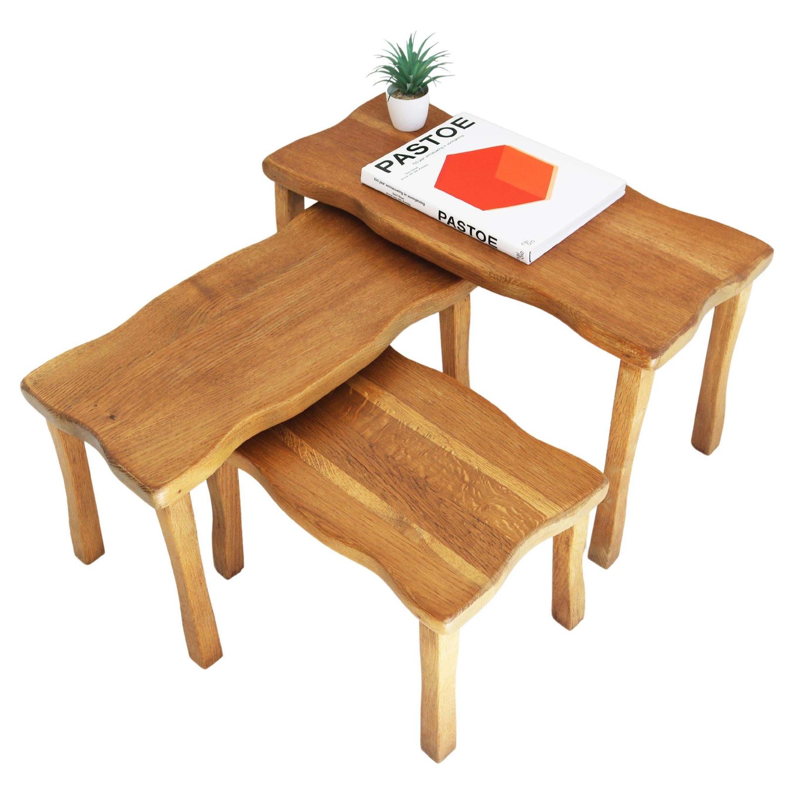 Set Of Brutalist Organic Nesting Tables Solid Oak European Free Form 1960 France