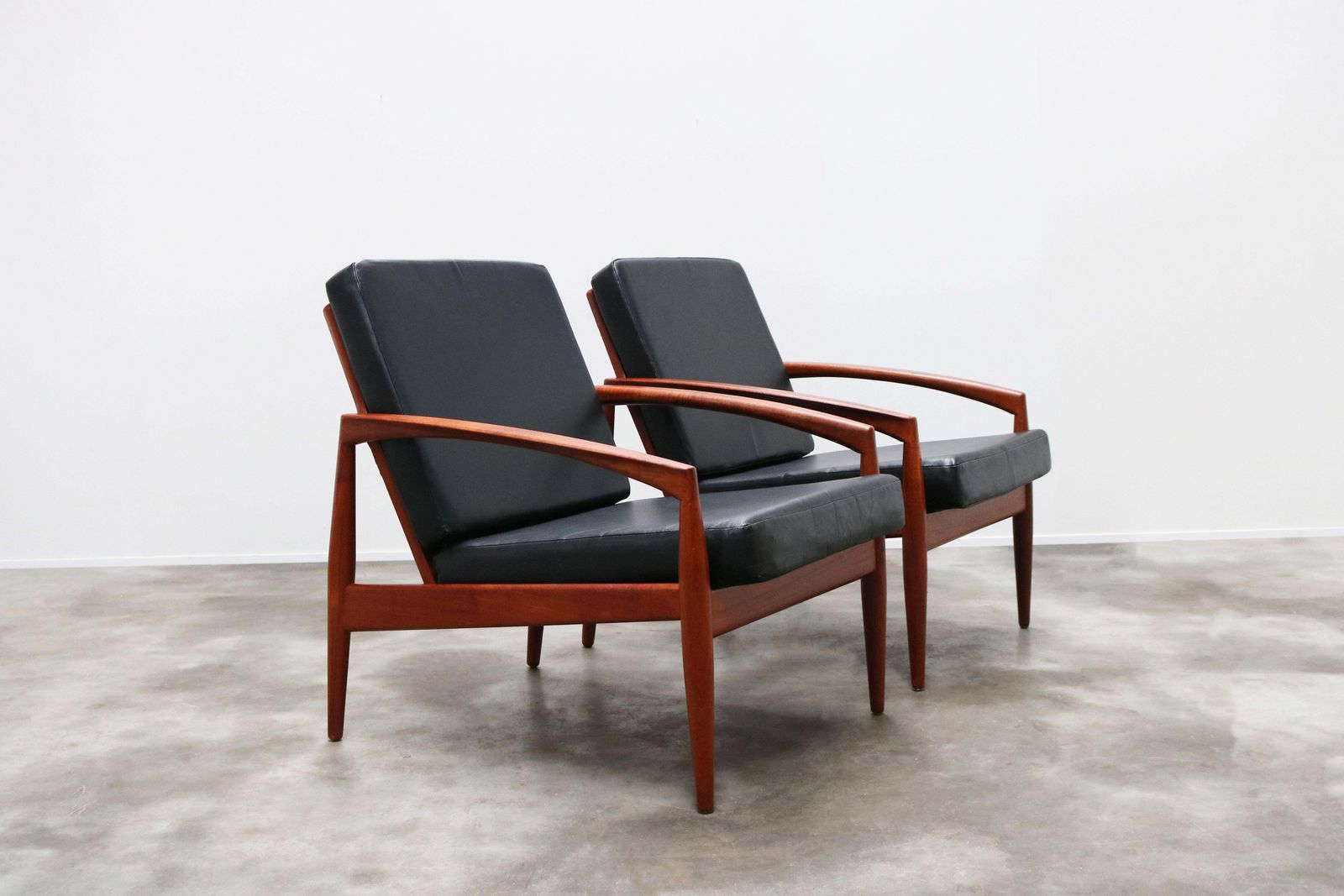 Pair Of Danish Design Paper Knife Lounge Chairs By Kai Kristiansen In Teak Black photo vinterior