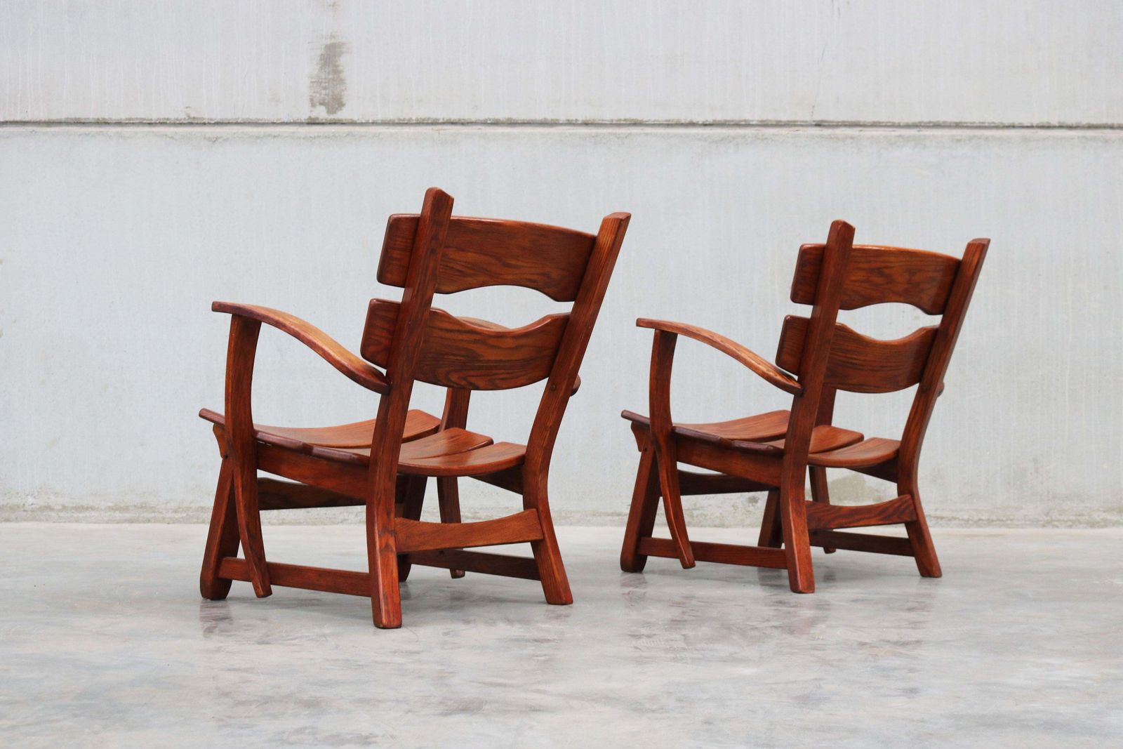 Pair Of Low Mid Century Design Brutalist Lounge Chairs / Arm Chairs In Solid Oak photo buy
