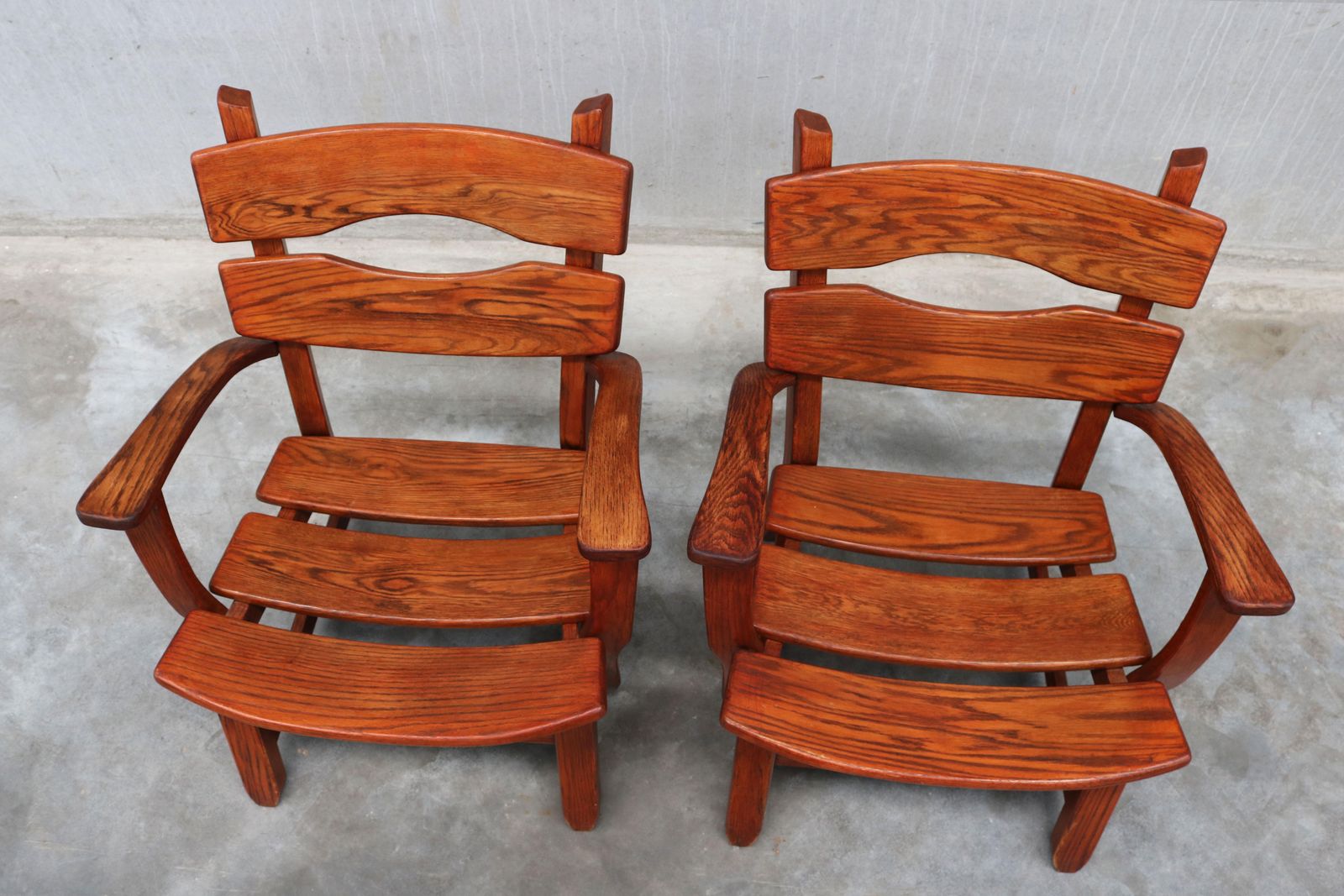 Pair Of Low Mid Century Design Brutalist Lounge Chairs / Arm Chairs In Solid Oak photo vintage