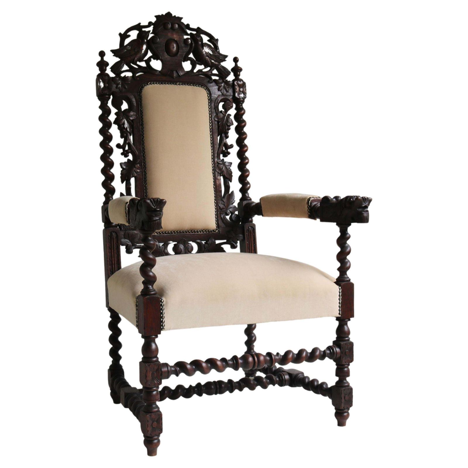 Antieke Franse Renaissance Revival Fauteuil / Troonzetel Met Barley Twist En Jachtmotief