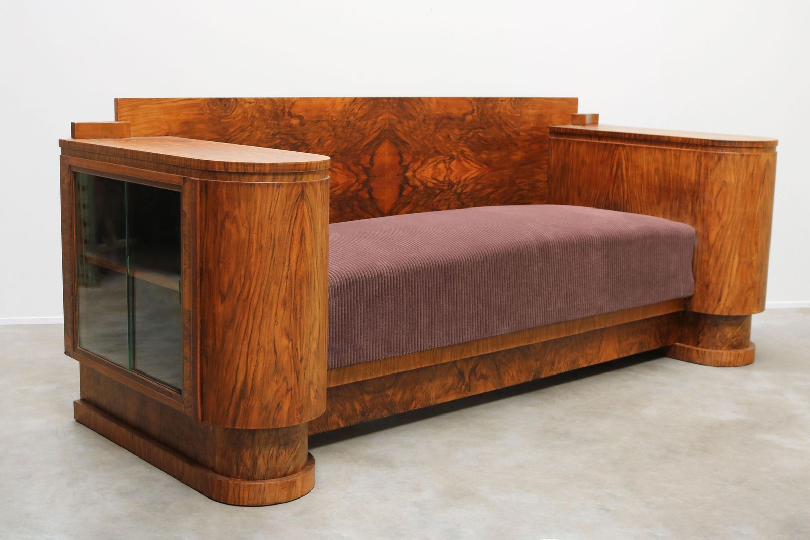 Dutch Art Deco Design Sofa By Pander 1930 Walnut Burl Wood With Display Cabinets photo furniture