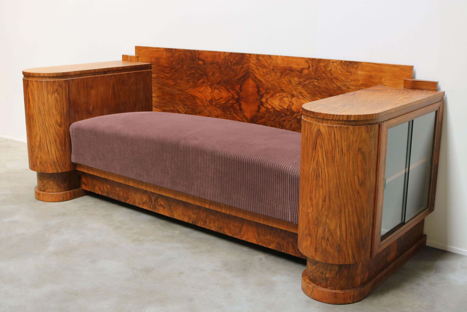 Dutch Art Deco Design Sofa By Pander 1930 Walnut Burl Wood With Display Cabinets photo Furniture