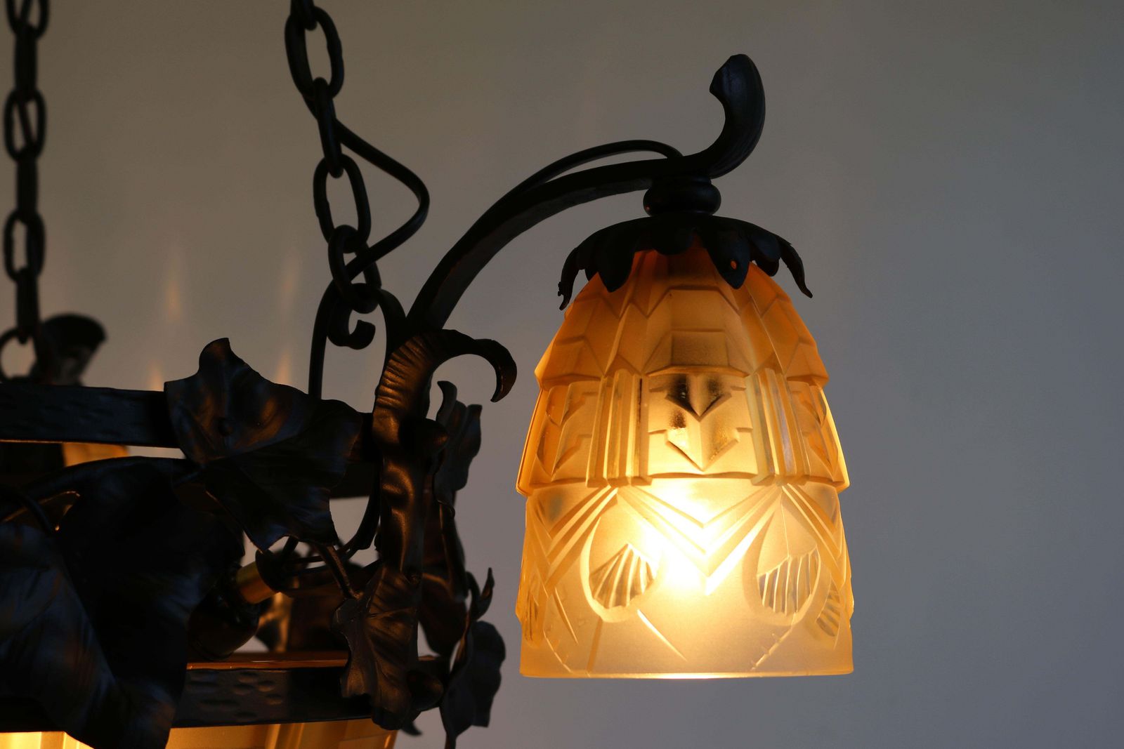 French Antique Wrought Iron Art Deco Chandelier 1930 Cut Glass Geometric Muller photo vintage