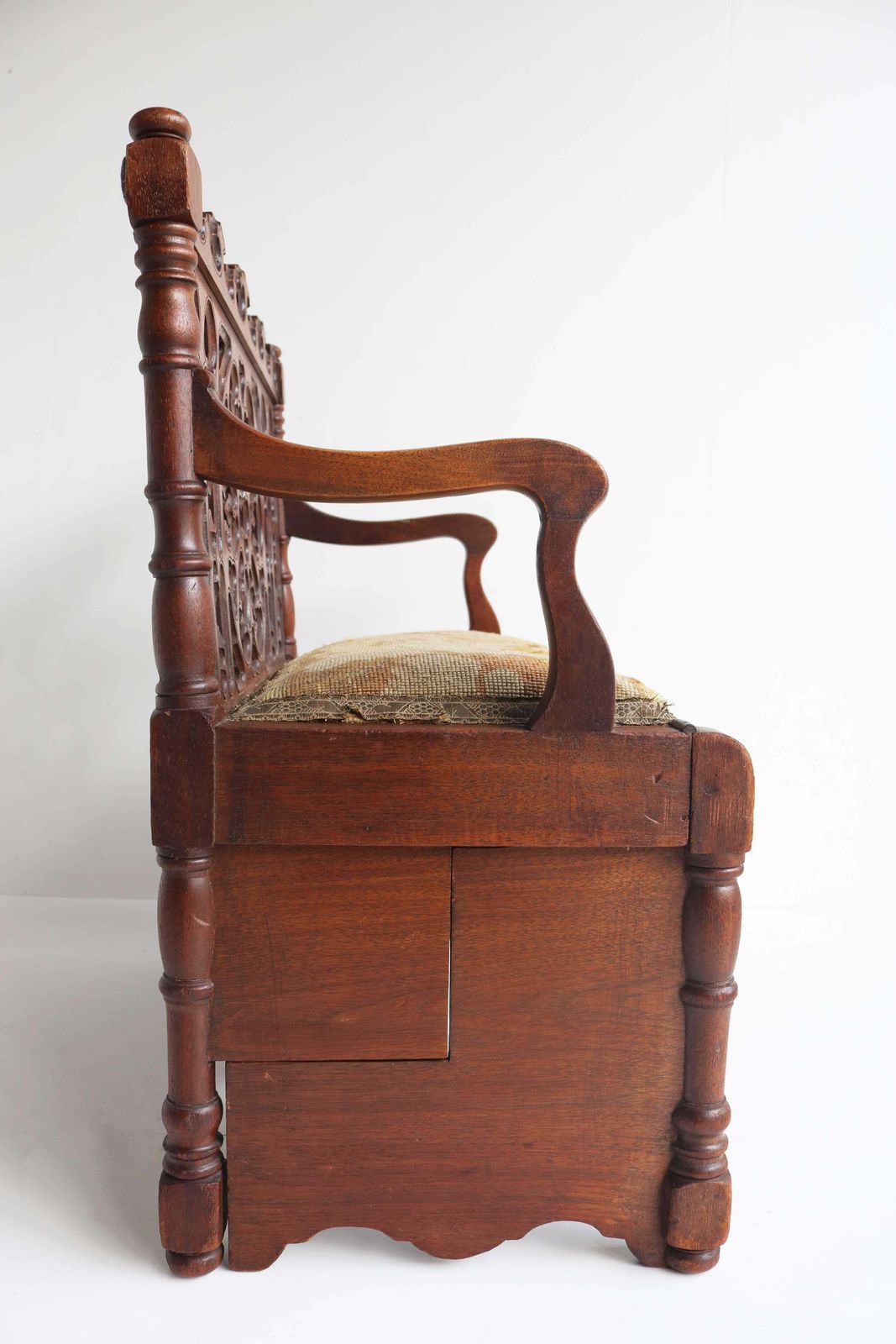 photo furniture Petite Antique French Gothic Revival Wood Hall Bench Child Settle Library Steps
