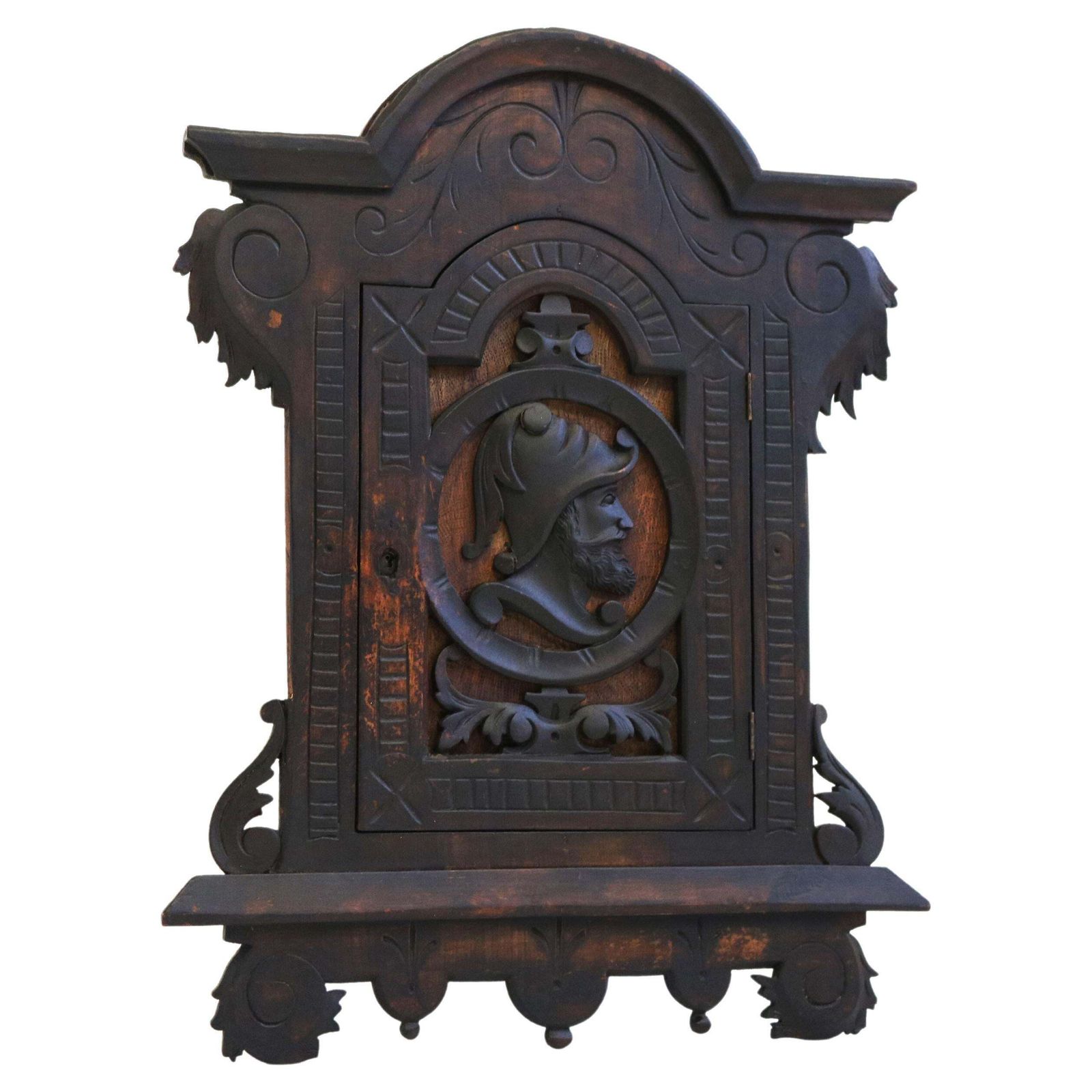 Antique 19th Century Spanish Wall Cabinet With Knight Dark Patina Classical