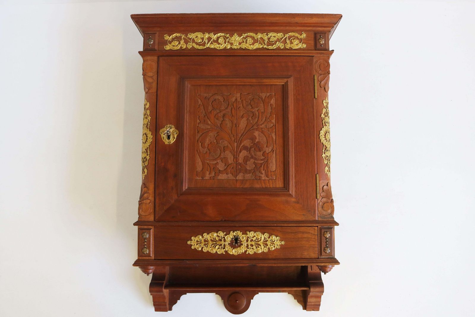 Antique Swedish Empire Wall Cabinet 19th Century Walnut Gilt Bronze Hanging photo for sale