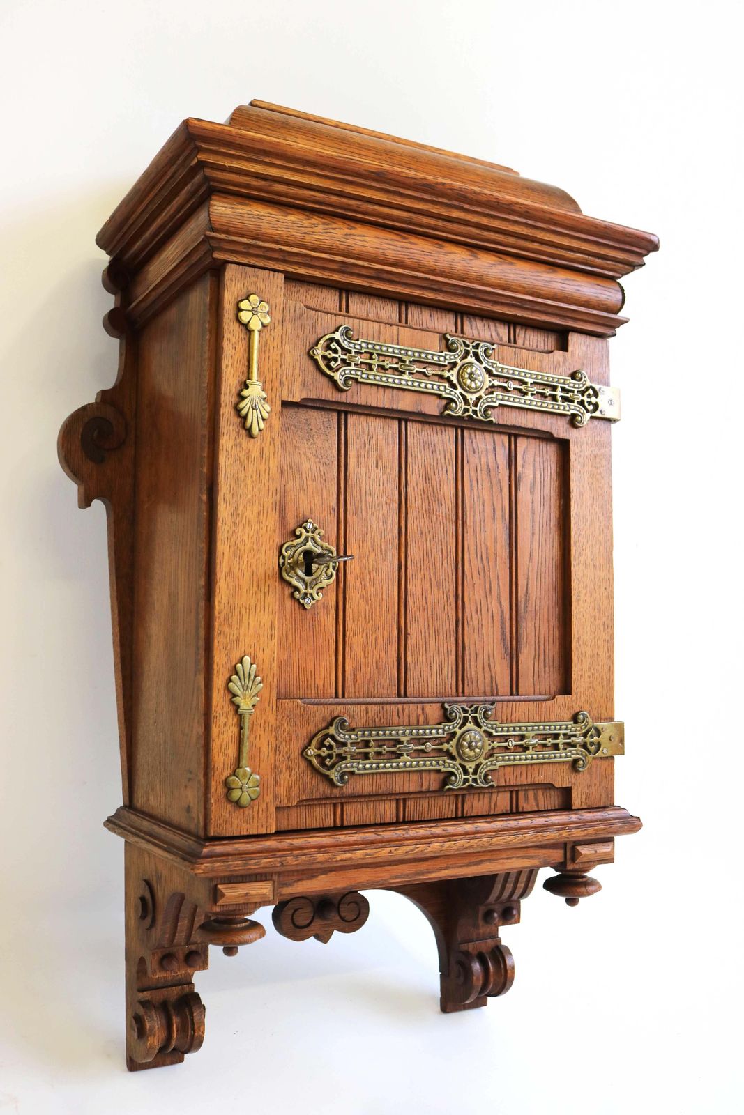 Antique Arts And Crafts Hand Carved Small Wall Cabinet European Oak Brass, 1900s photo vinterior
