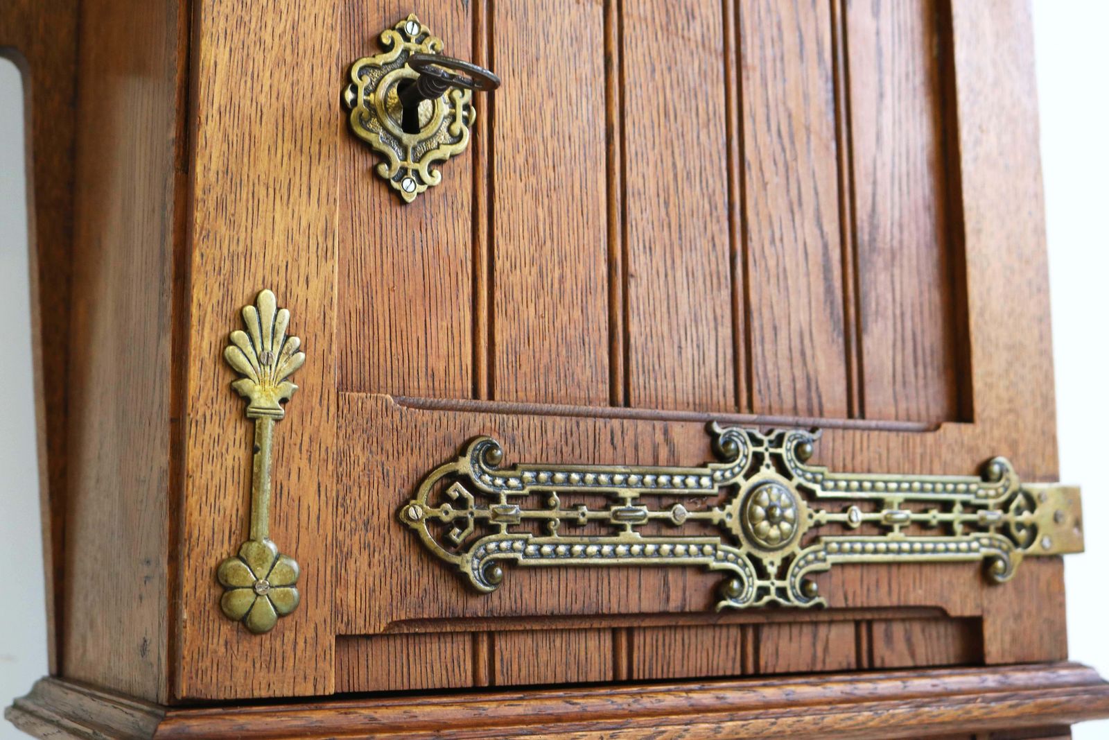 Antique Arts And Crafts Hand Carved Small Wall Cabinet European Oak Brass, 1900s photo buy