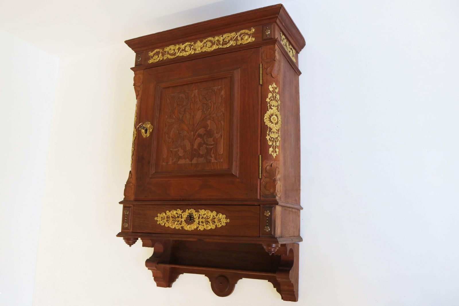 photo for sale Antique Swedish Empire Wall Cabinet 19th Century Walnut Gilt Bronze Hanging