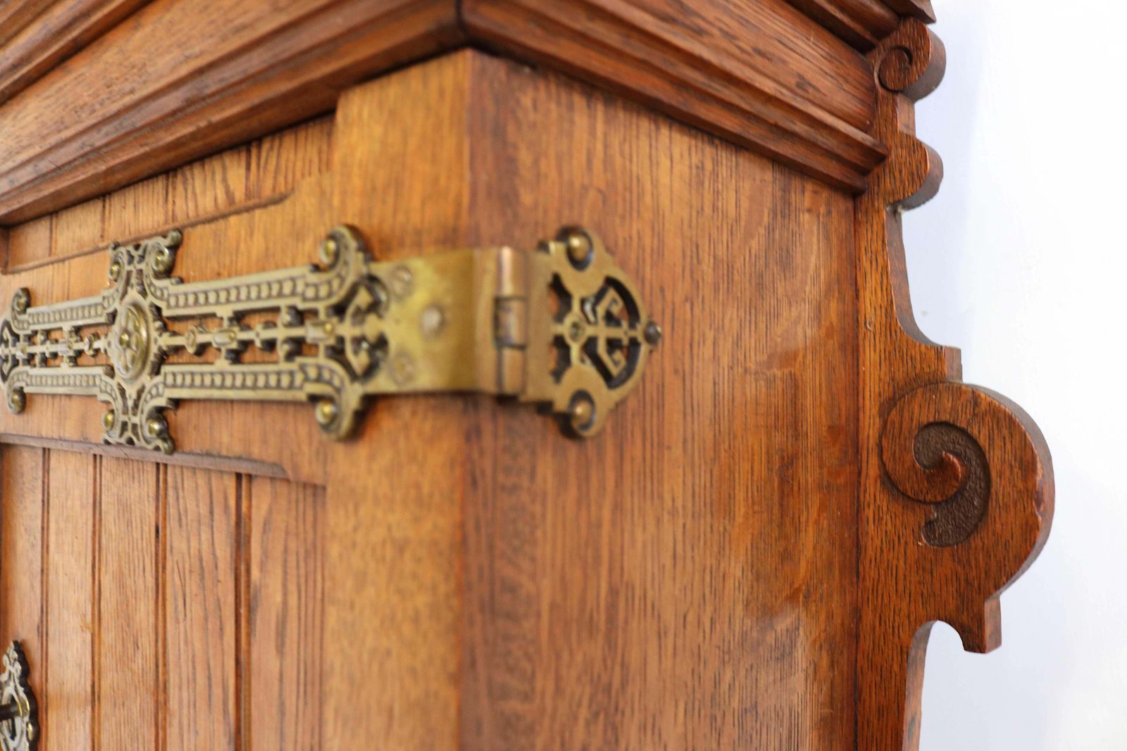Furniture Antique Arts And Crafts Hand Carved Small Wall Cabinet European Oak Brass, 1900s photo