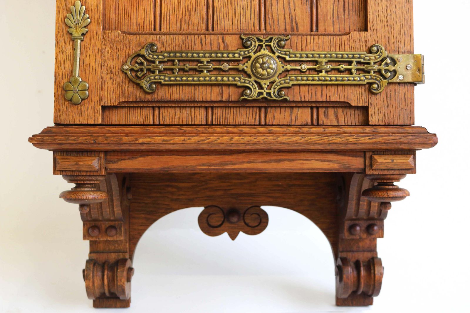 photo buy Antique Arts And Crafts Hand Carved Small Wall Cabinet European Oak Brass, 1900s