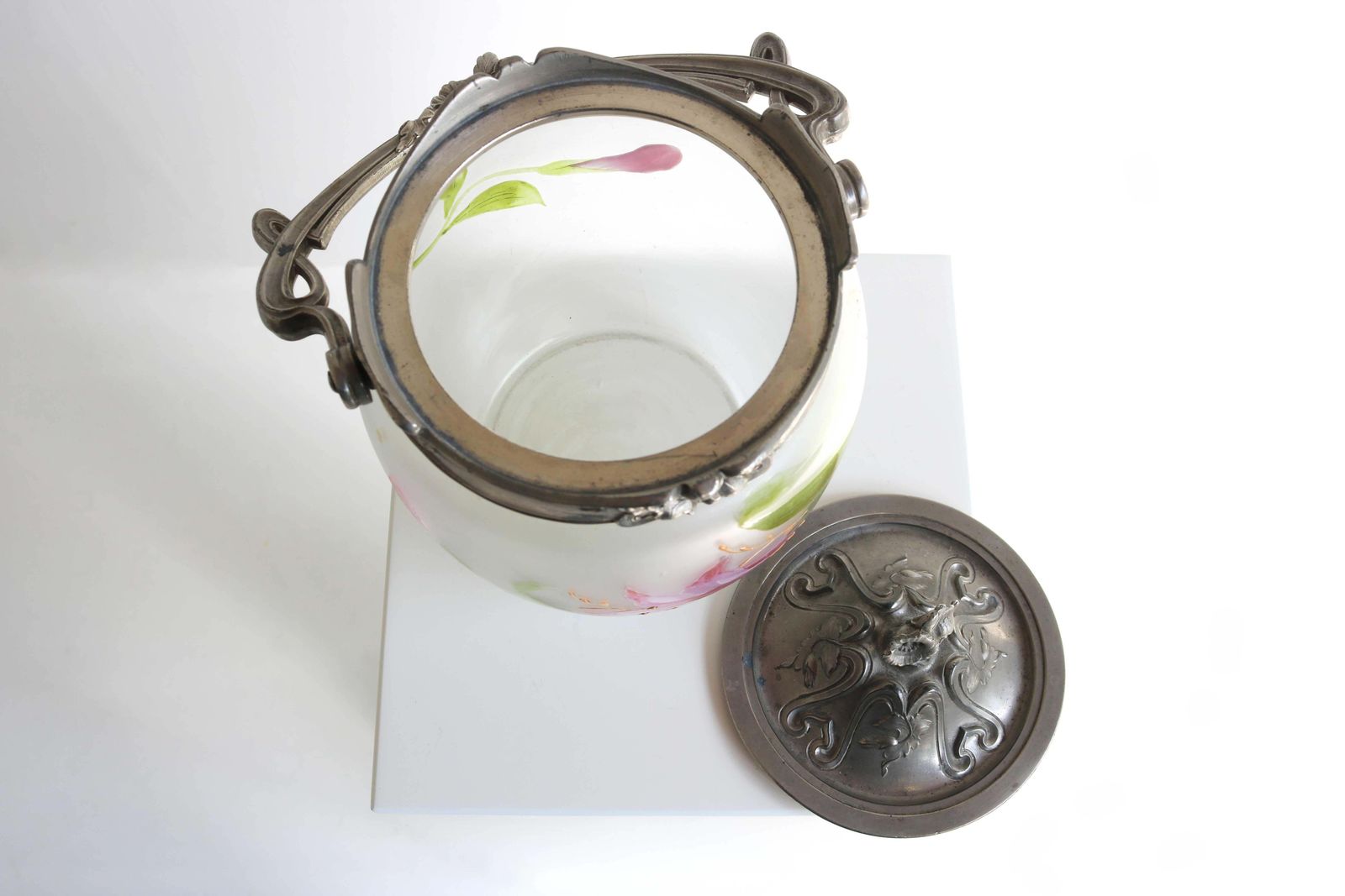 photo buy Antique Floral Hand Painted Enameled Glass Biscuit Box, Art Nouveau, France