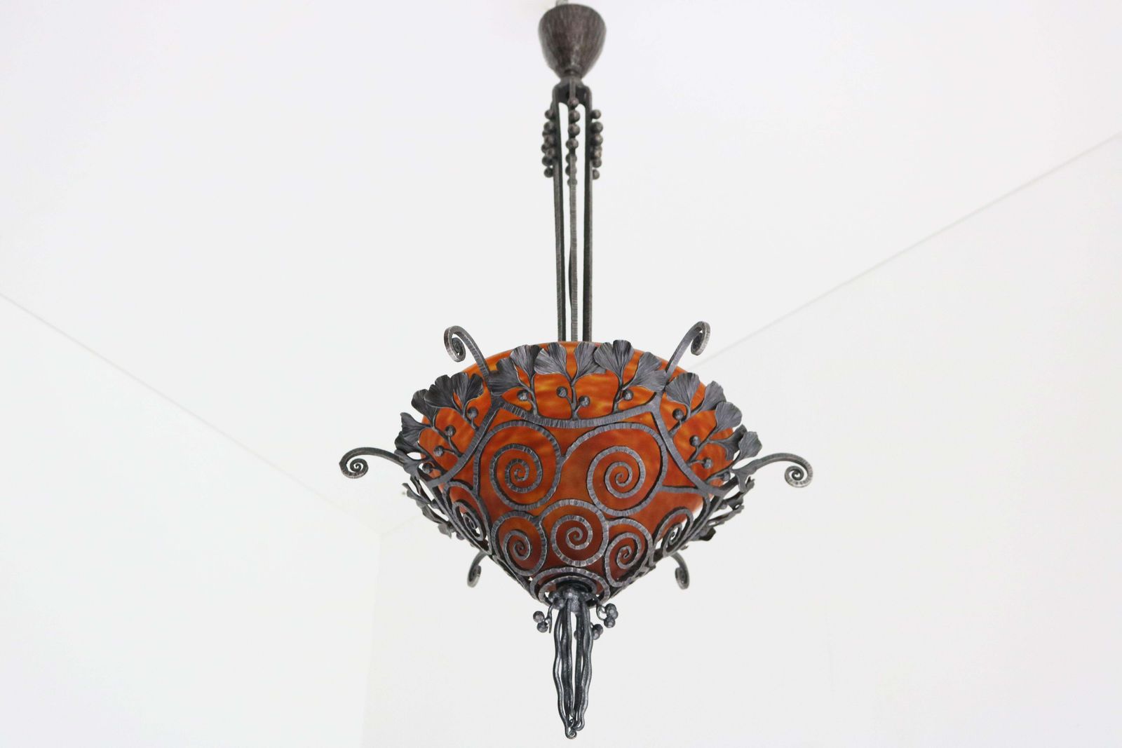 French Art Deco Wrought Iron Chandelier By Edgar Brandt & Daum Nancy 1920 Glass photo Lighting