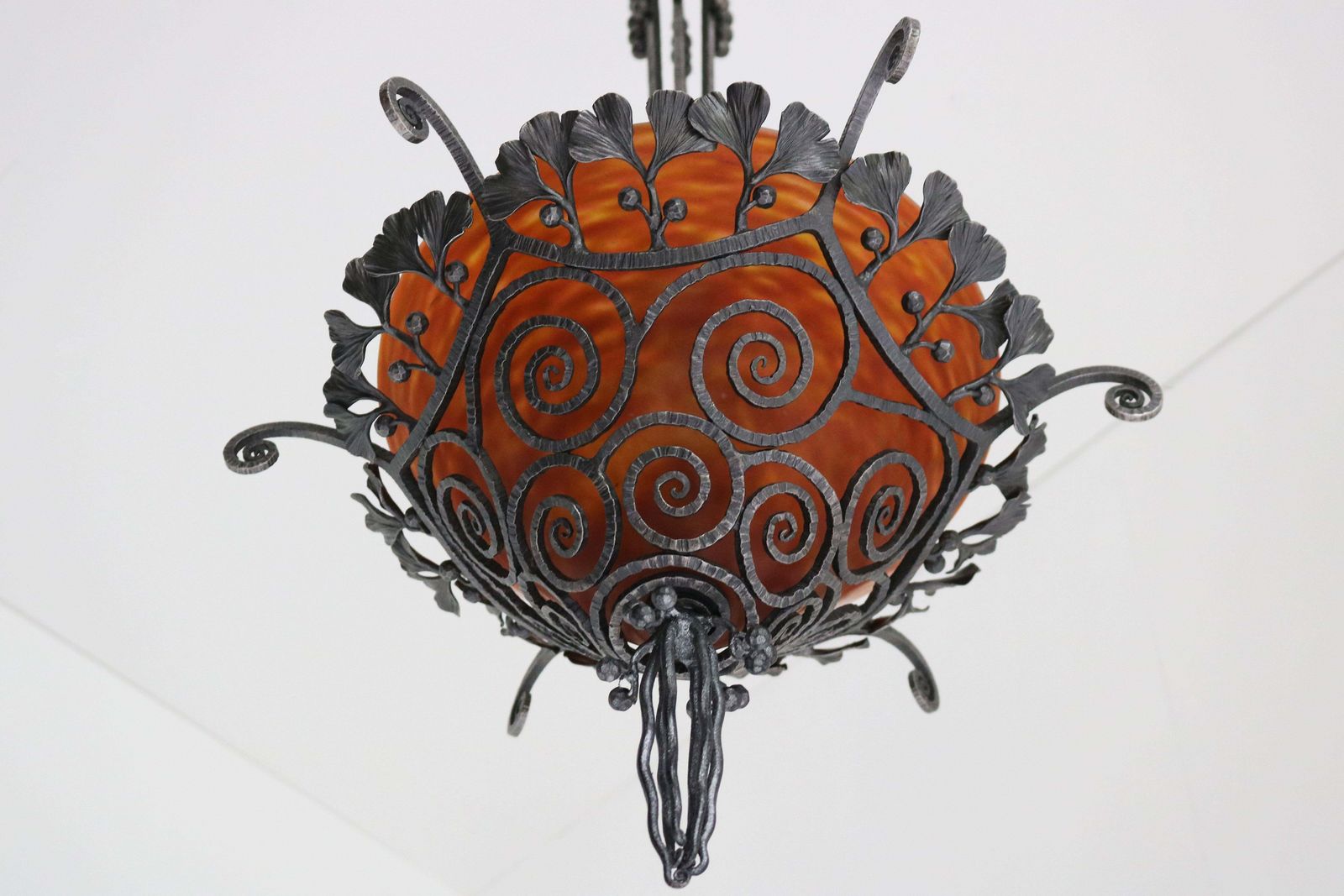 Franse Art Deco Hanglamp Van Smeedijzer Door Edgar Brandt & Daum Nancy, Glas 1920 photo vintage
