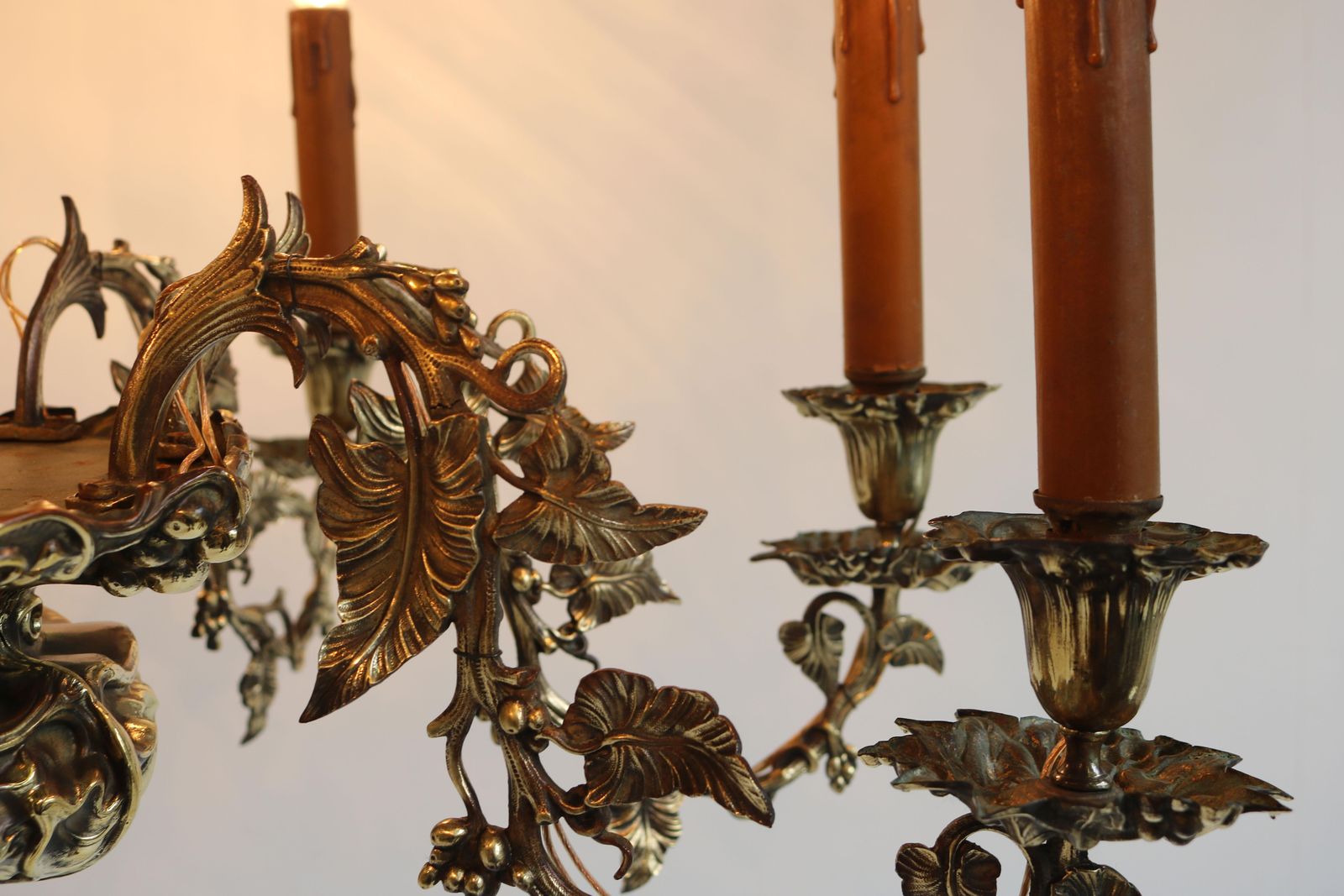 5027.0 French Art Nouveau Hammered Brass Chandelier 1890 Antique 8 Lights Gold Floral photo
