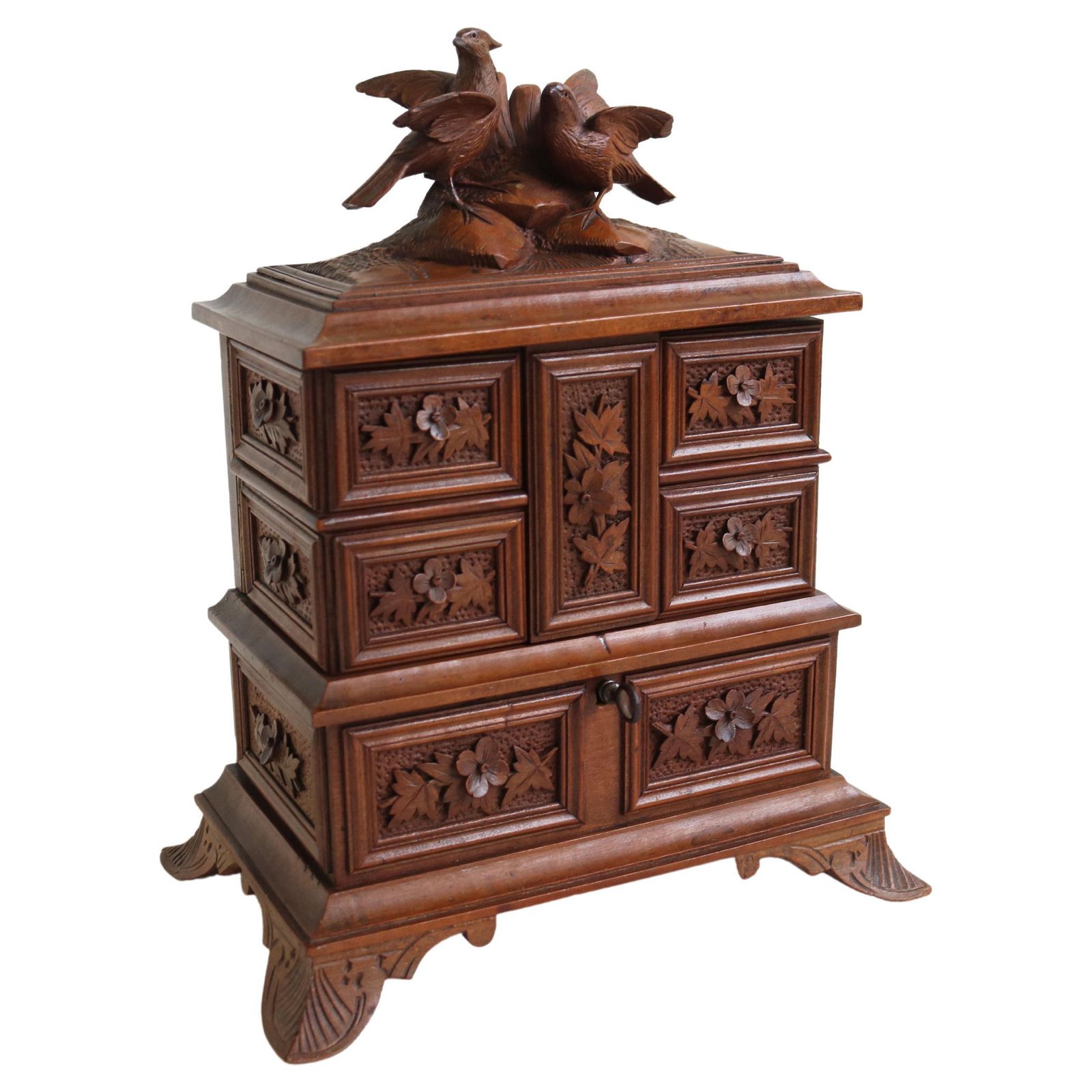 Antique 19th Century Swiss Black Forest Jewelry Box Fruitwood Birds Band Carved