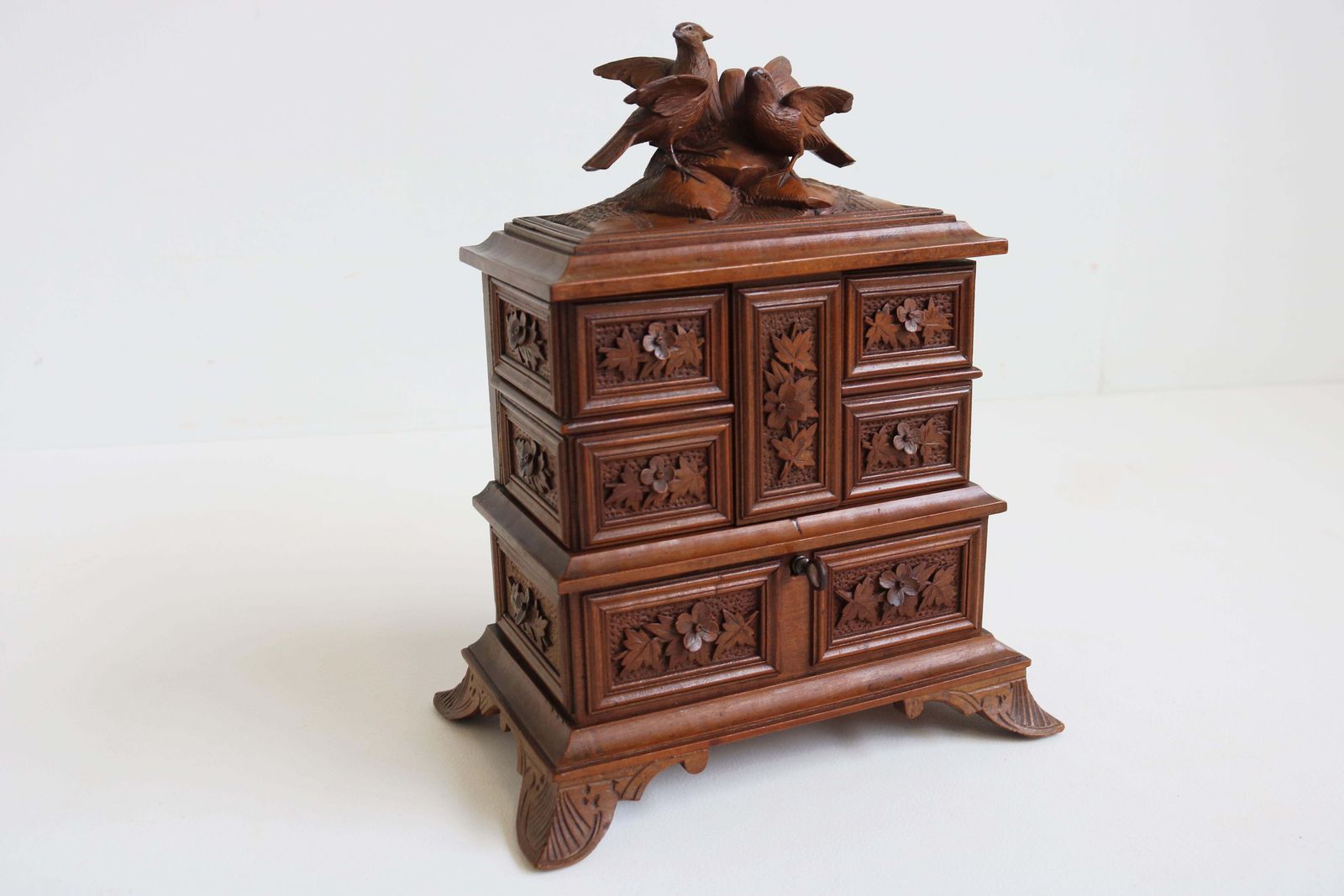 Antique 19th Century Swiss Black Forest Jewelry Box Fruitwood Birds Band Carved photo buy
