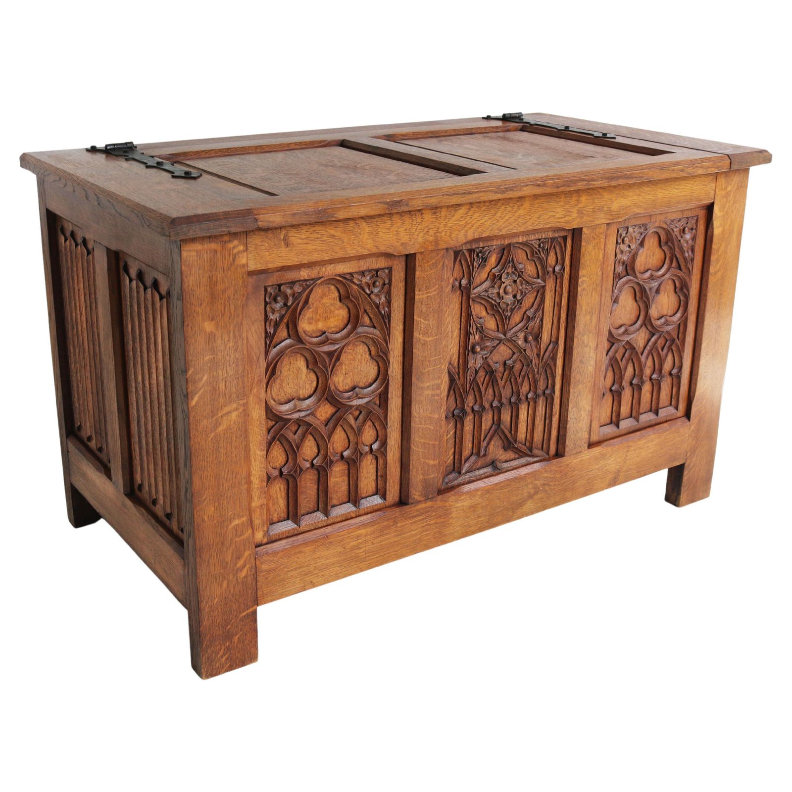 Antique French 19th Century Gothic Revival Blanket Chest Carved Oak Forged Iron