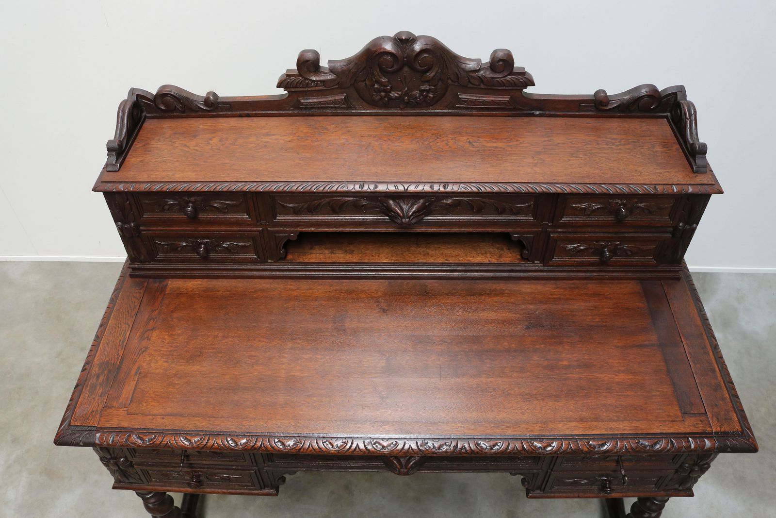 Antiek Frans Renaissance Revival Jachtbureau / Secrétaire Met Gedraaide Kolommen, Eiken, 19e Eeuw photo vinterior