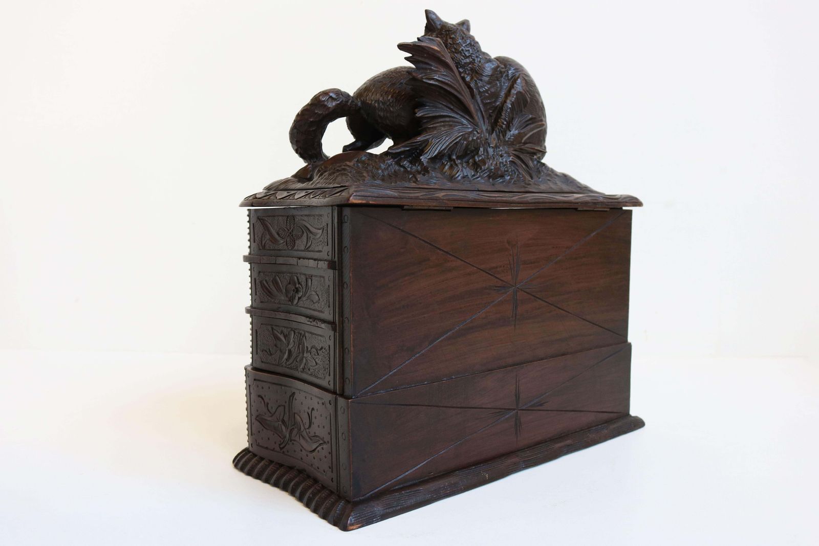Rare Antique 4 Tier Black Forest Jewelry Box Fruitwood 19th Century Hand Carved photo vinterior