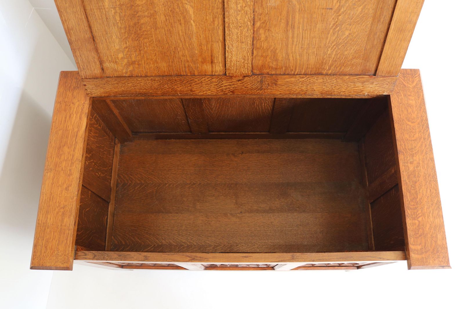 photo for sale Antique French 19th Century Gothic Revival Blanket Chest Carved Oak Forged Iron