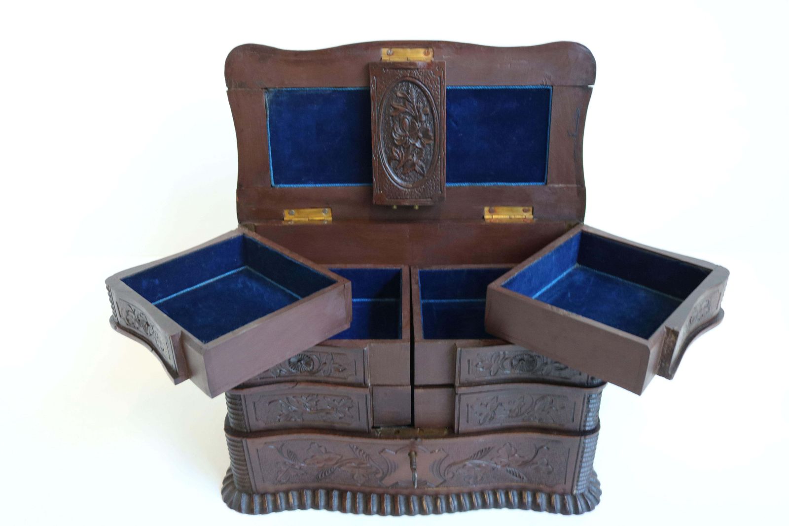 Rare Antique 4 Tier Black Forest Jewelry Box Fruitwood 19th Century Hand Carved photo vintage