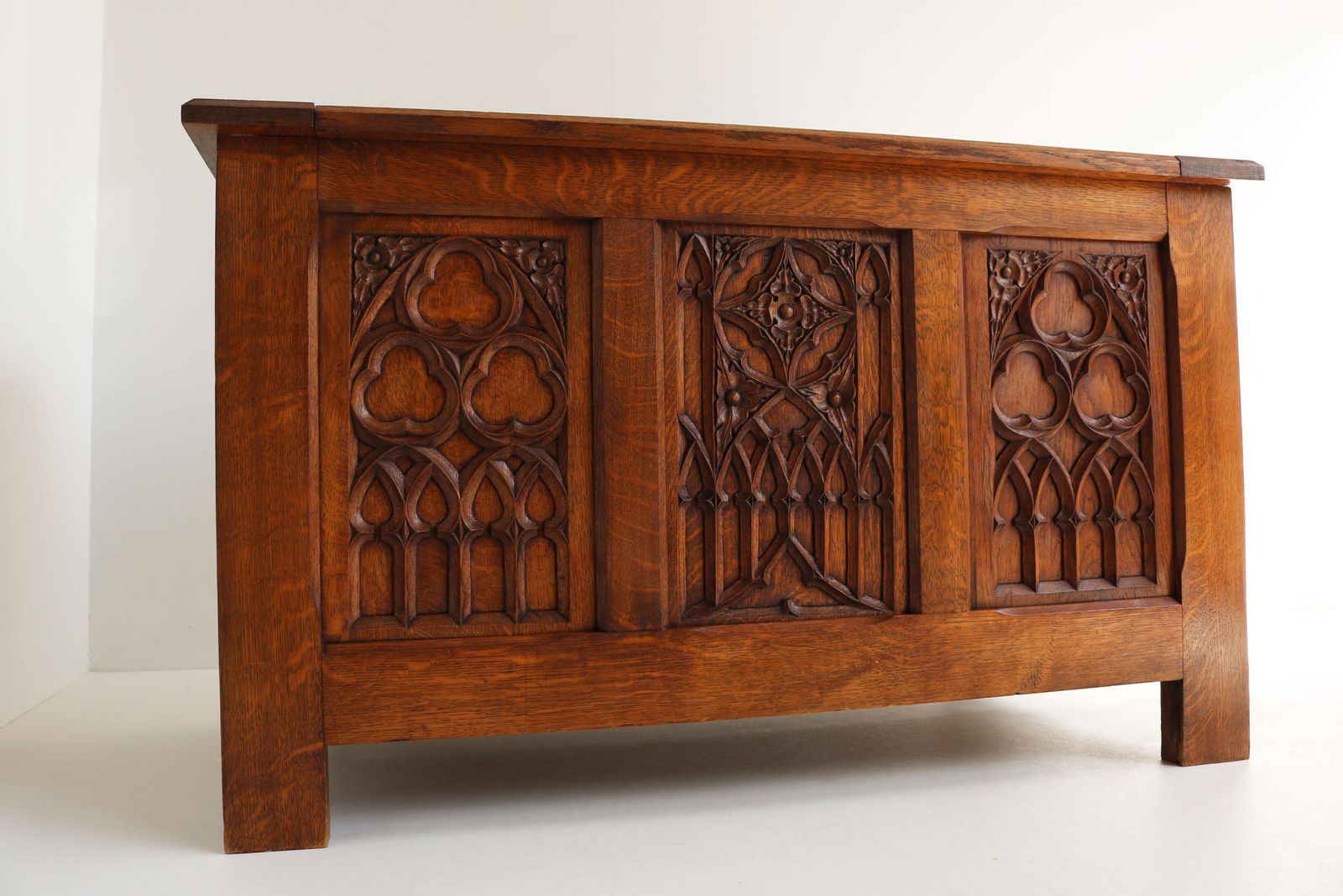 Furniture Antique French 19th Century Gothic Revival Blanket Chest Carved Oak Forged Iron photo