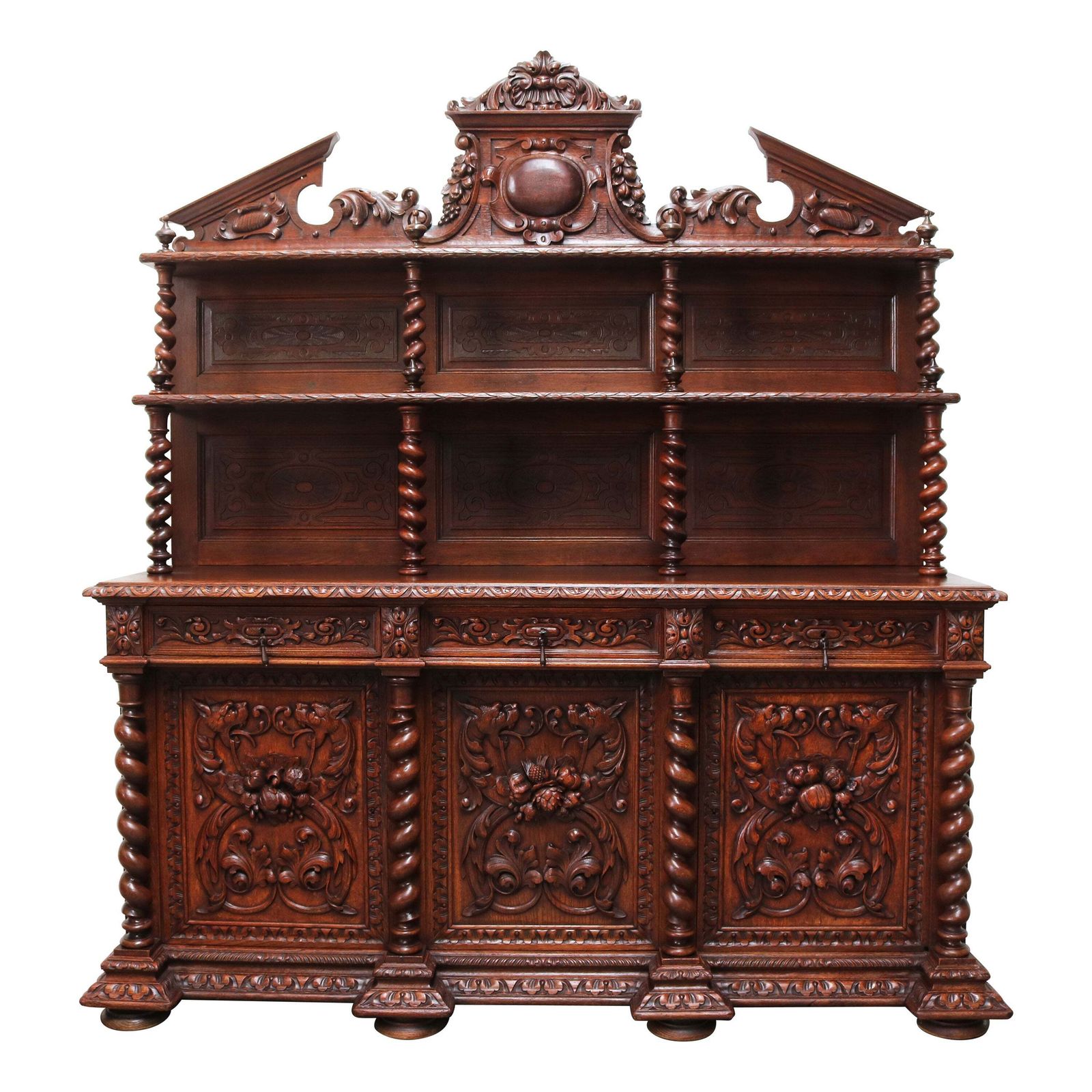 Antique French 19th Century Renaissance Revival Barley Twist Sideboard Oak Hunt