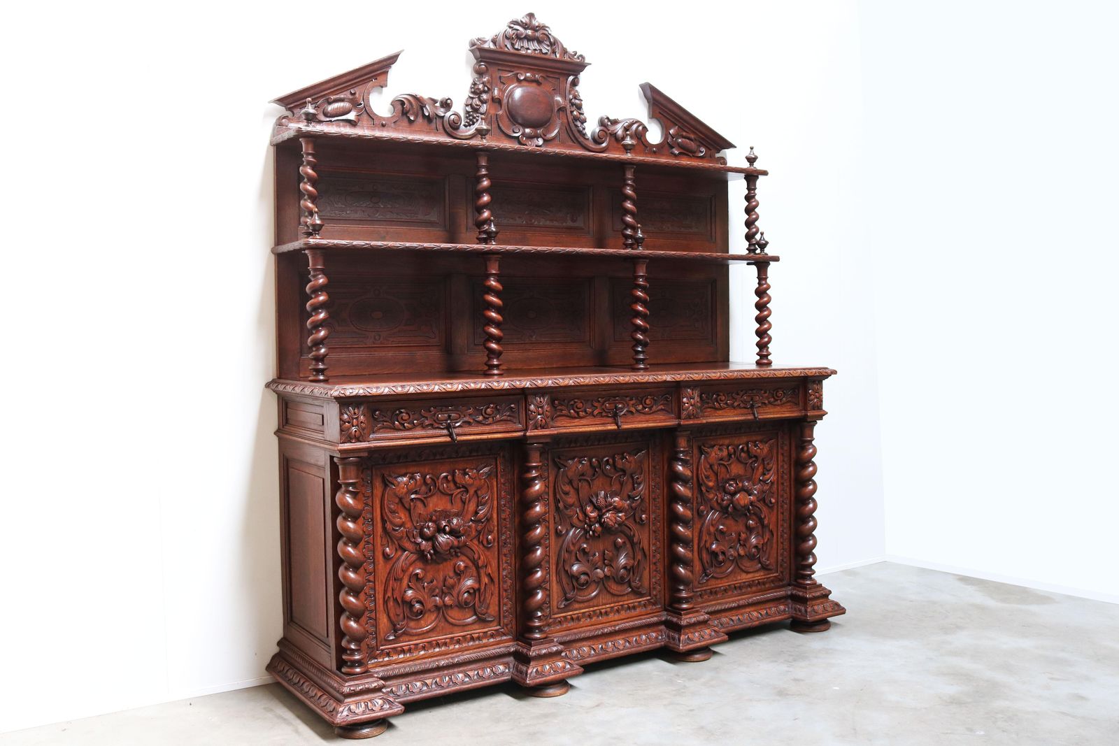 Antique French 19th Century Renaissance Revival Barley Twist Sideboard Oak Hunt photo vintage