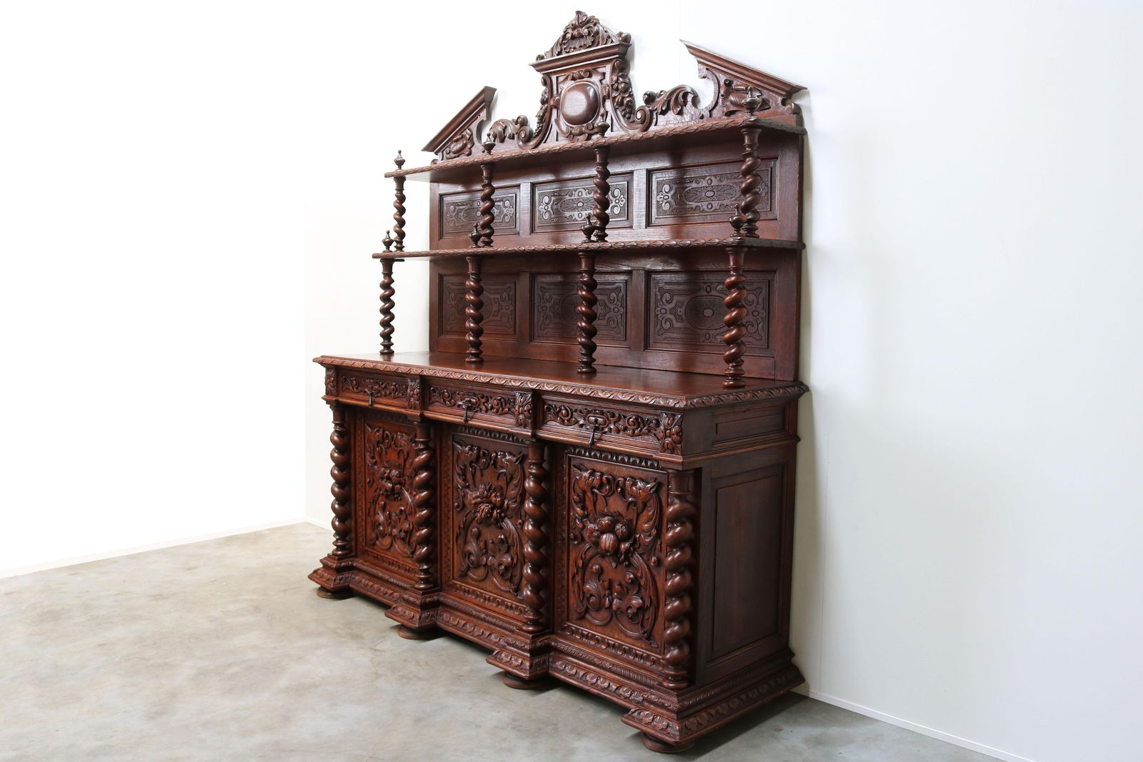 photo for sale Antique French 19th Century Renaissance Revival Barley Twist Sideboard Oak Hunt