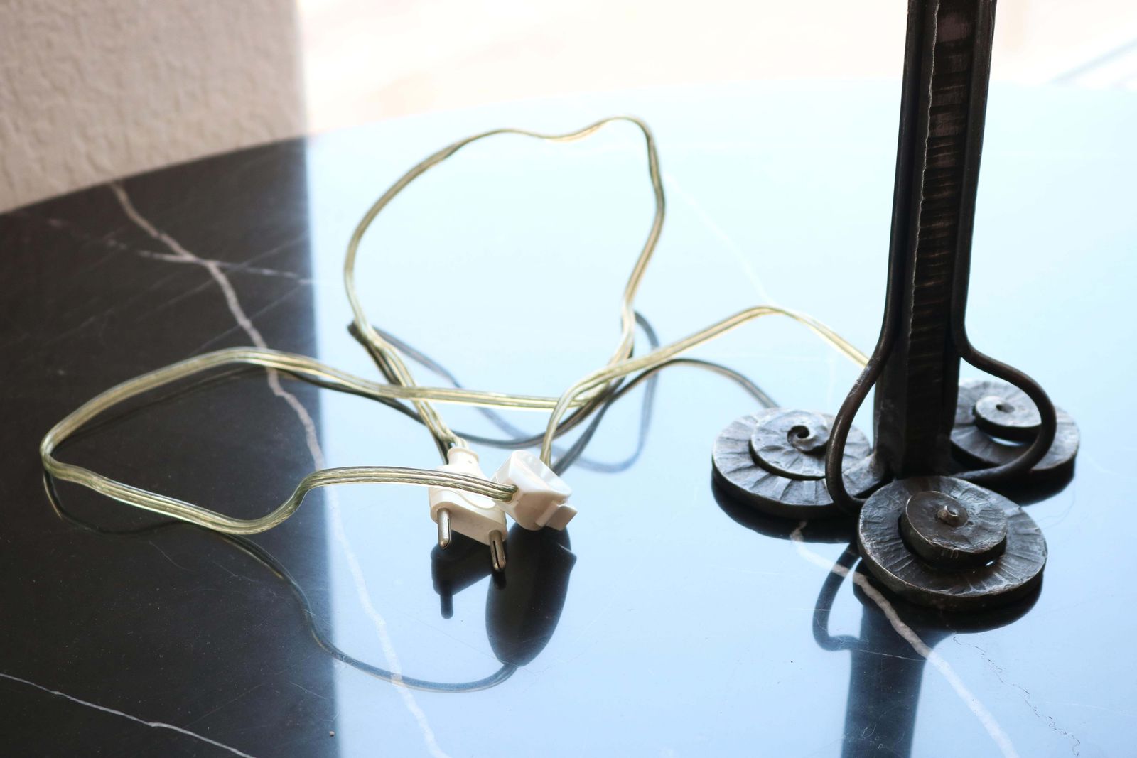 1104.0 Antique Art Deco Table Lamp Design By Ezan 1930 France Wrought Iron & Ice Glass photo