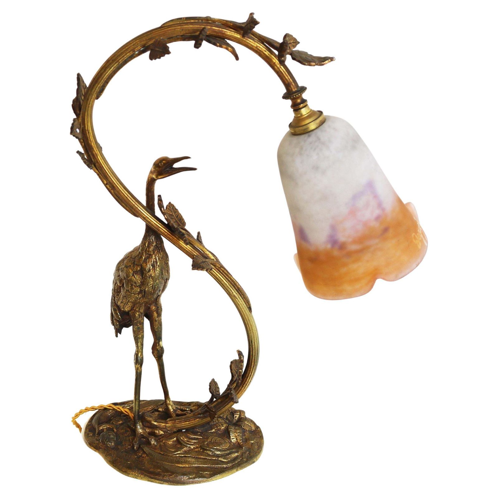 Antiek Franse Art Nouveau Tafellamp Reiger Van Degué, 1920, Pâte De Verre, Brons