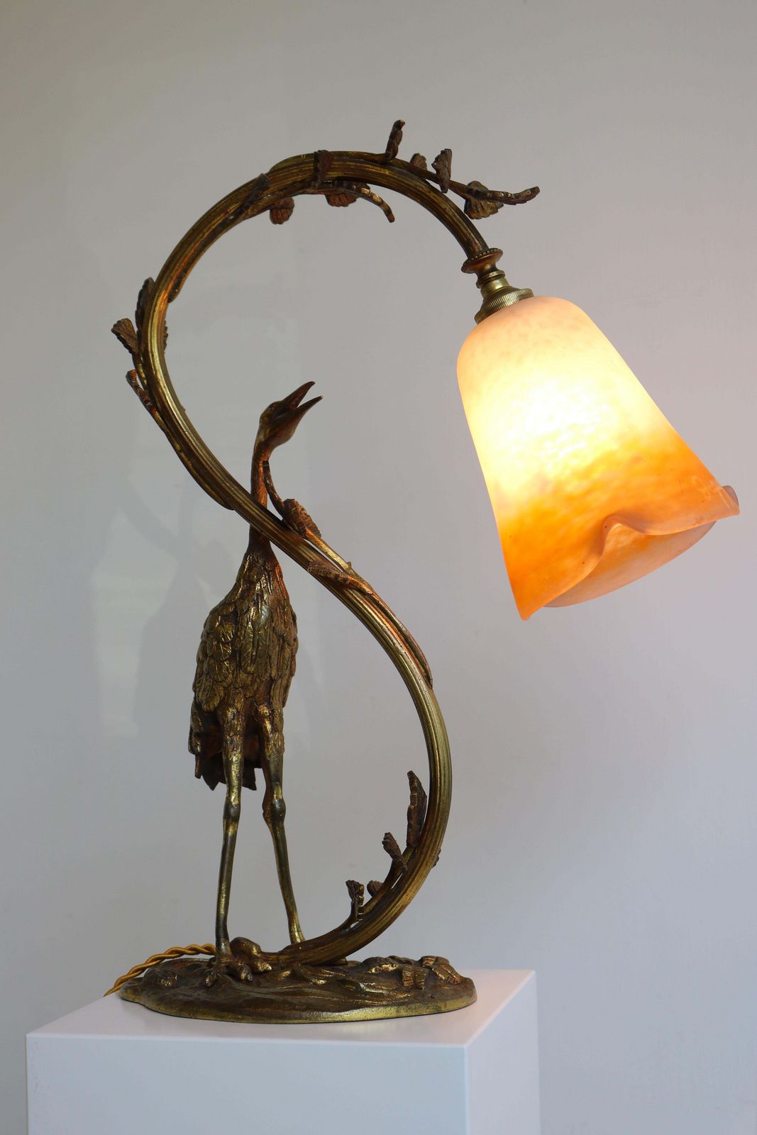 Antiek Franse Art Nouveau Tafellamp Reiger Van Degué, 1920, Pâte De Verre, Brons photo 1957.0