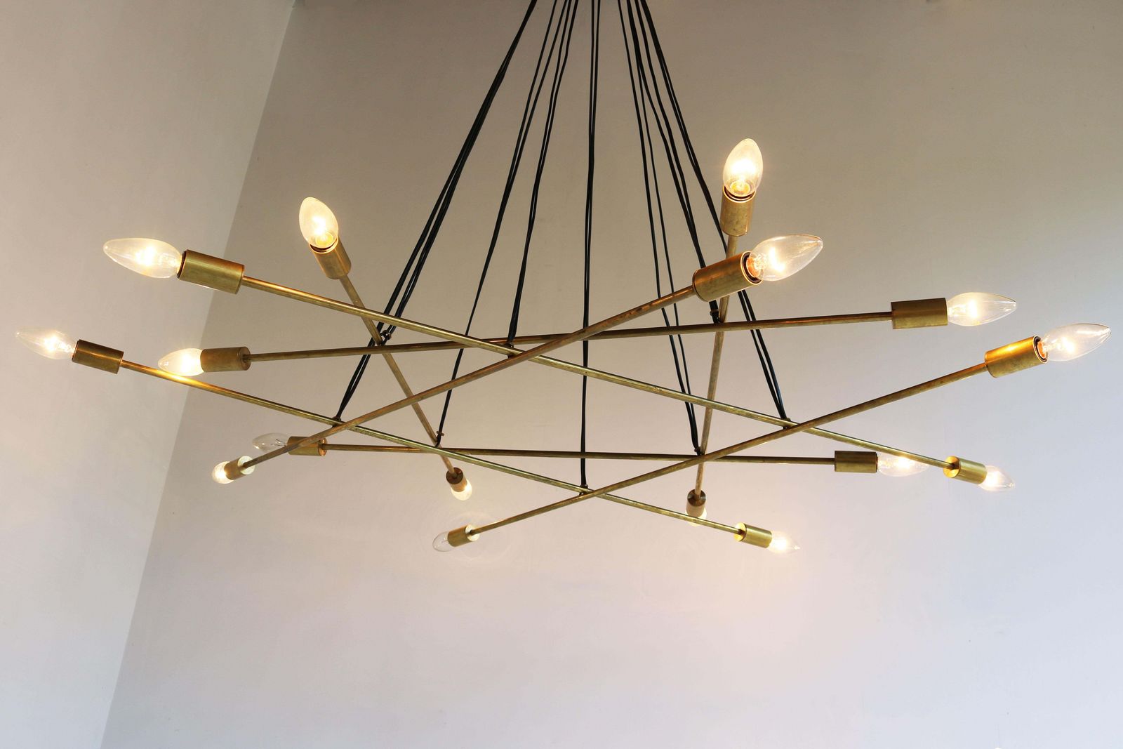 Large Mid Century Design Minimalist Brass Italian 1950 Chandelier Stilnovo Style photo vinterior