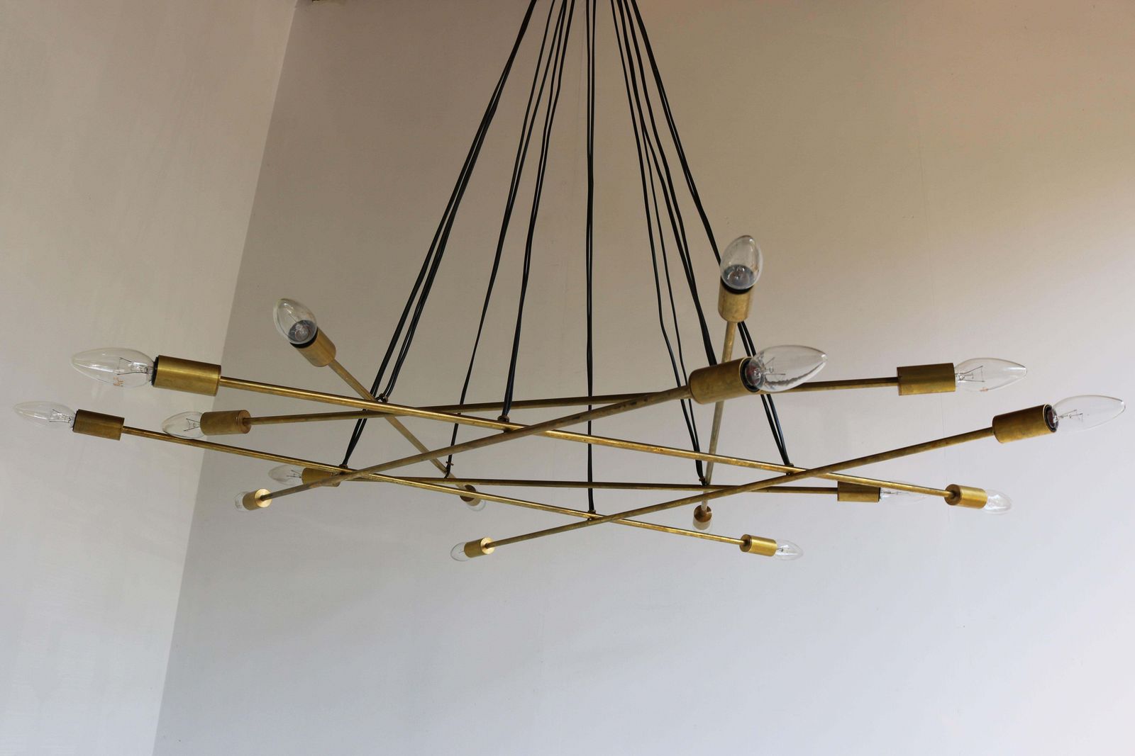 photo for sale Large Mid Century Design Minimalist Brass Italian 1950 Chandelier Stilnovo Style