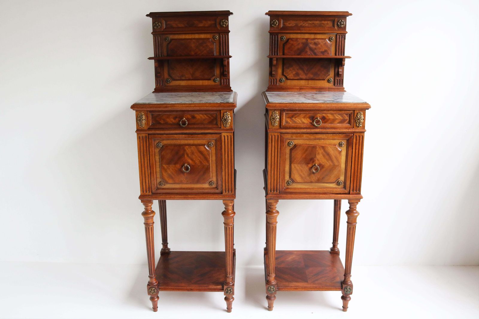 Pair Of Antique French 19th Century Night Stands Bedside Walnut Marble Bronze photo for sale